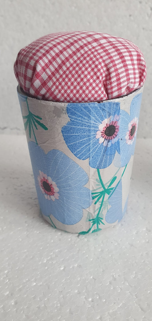 Small Blue White Flowers Hand Decorated PINK CHECK Pin Cushion Home Decor Gift