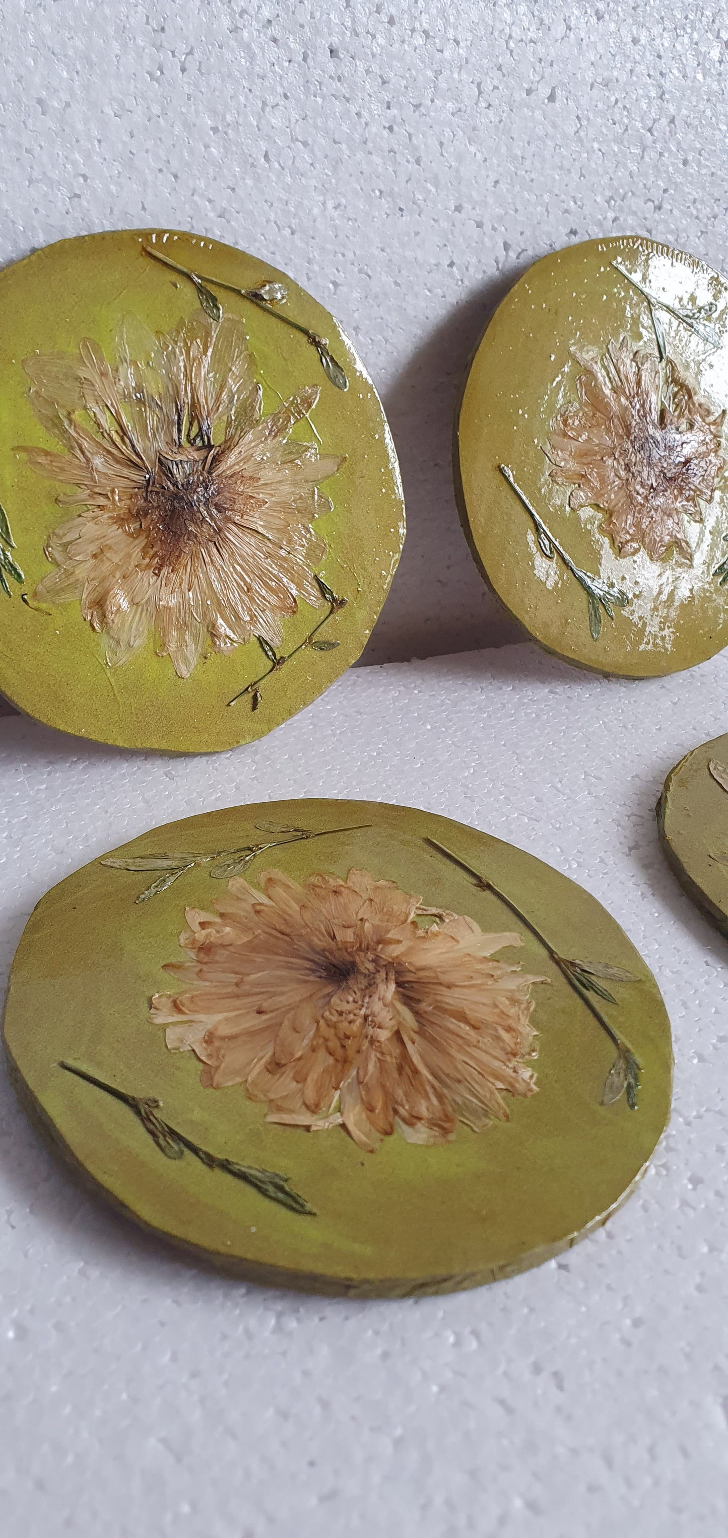 Gold Green Round Coasters Real Flowers Leaves Set Of Four Home Decor Gift