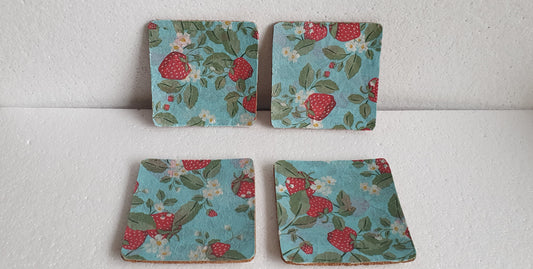 Strawberries Decoupage Coasters Set Of Four Red Blue Home Decor Gift