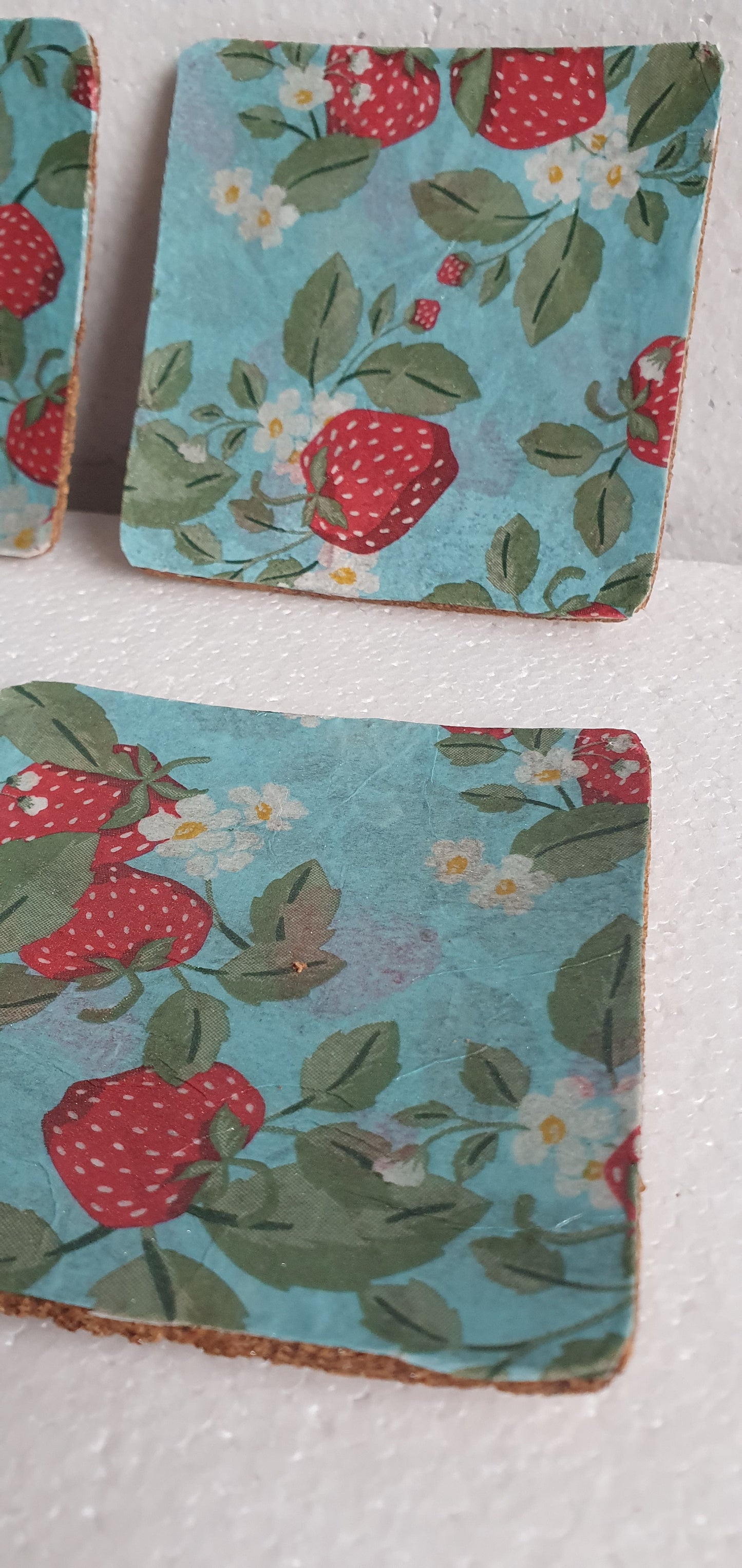 Strawberries Decoupage Coasters Set Of Four Red Blue Home Decor Gift