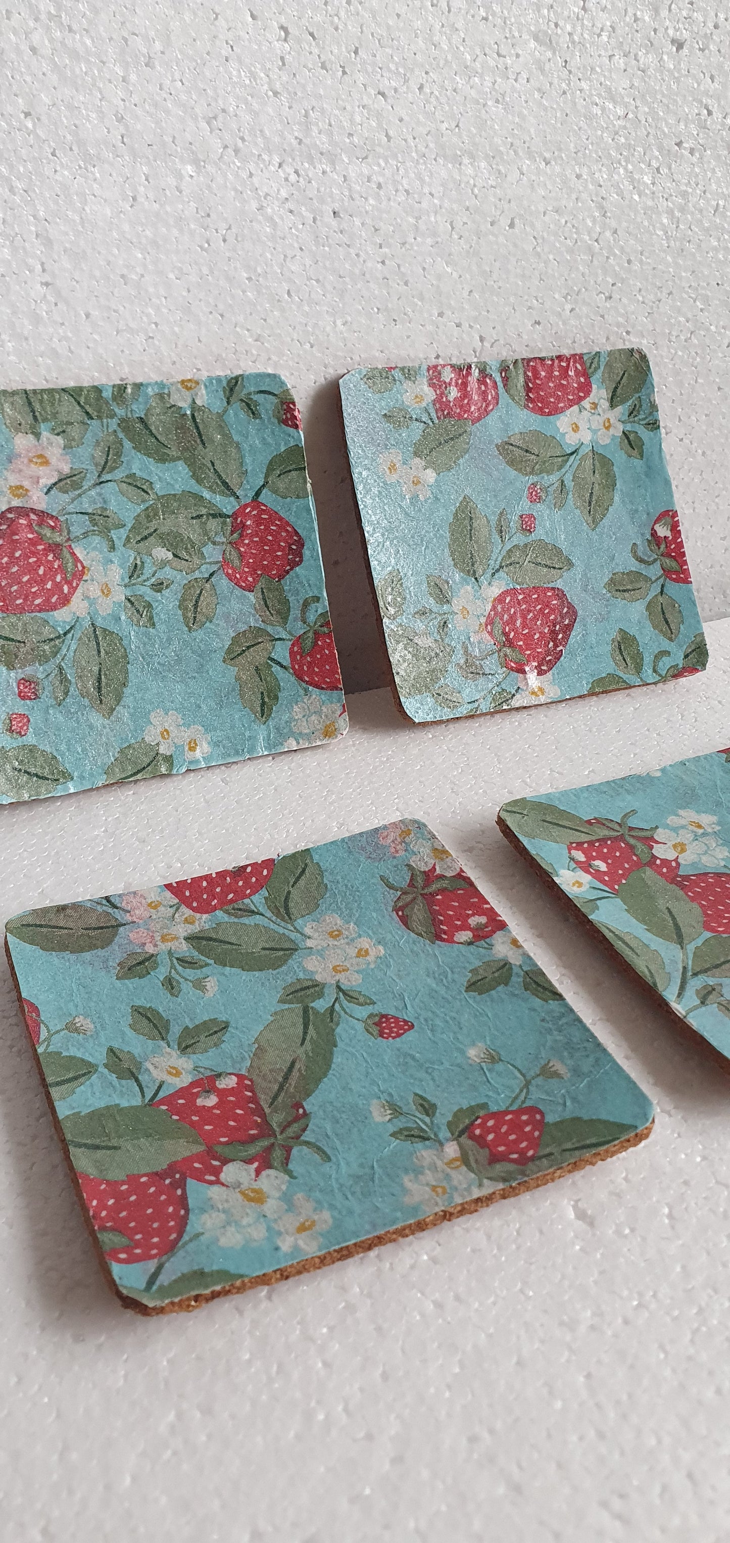 Strawberries Decoupage Coasters Set Of Four Red Blue Home Decor Gift