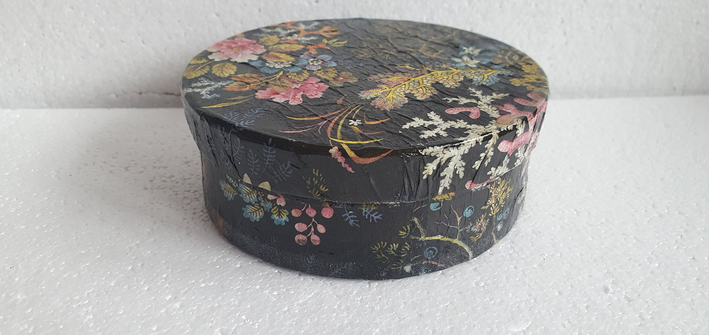 Round Black Marine Flowers Trinket Box Hand Decorated Decor Gift