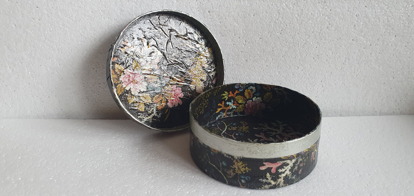 Round Black Marine Flowers Trinket Box Hand Decorated Decor Gift