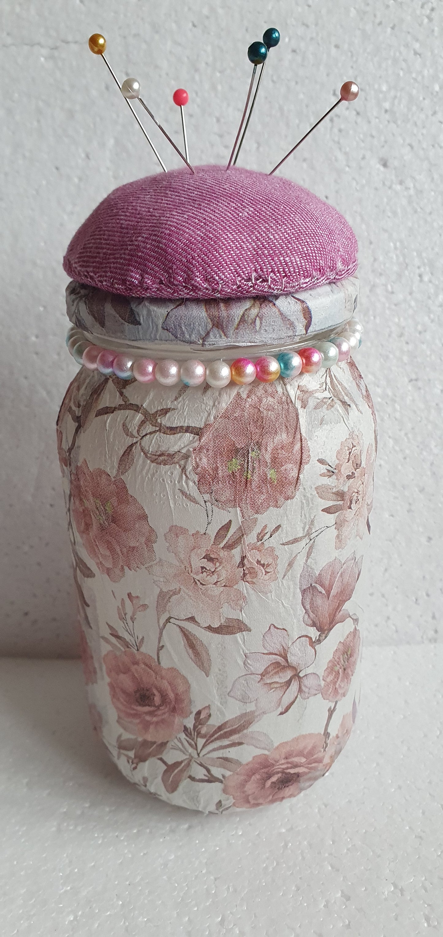 Hand Decorated Glass Pin Cushion Jar Pink White Floral Crafters Gift