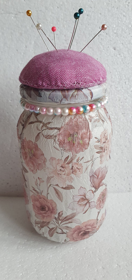 Hand Decorated Glass Pin Cushion Jar Pink White Floral Crafters Gift