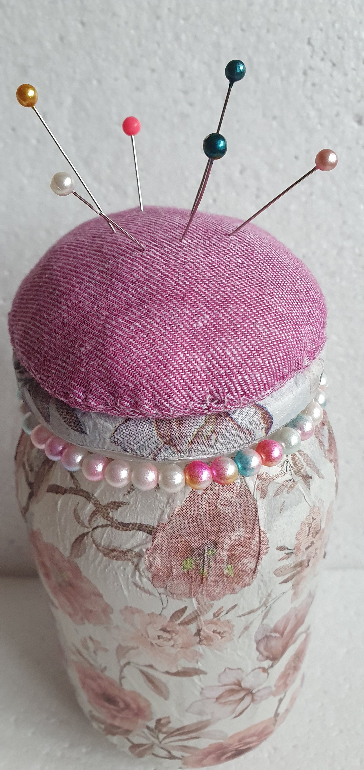 Hand Decorated Glass Pin Cushion Jar Pink White Floral Crafters Gift