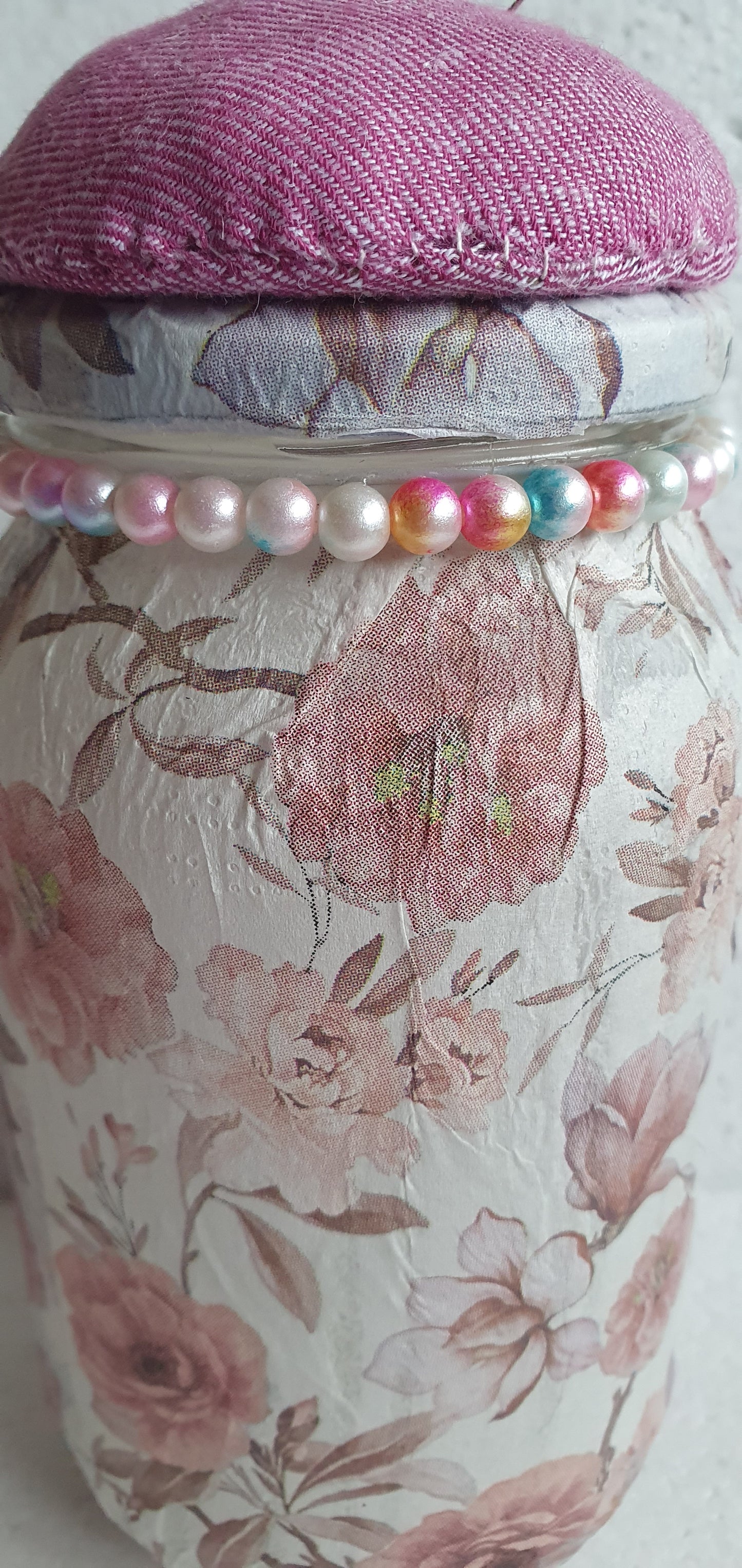 Hand Decorated Glass Pin Cushion Jar Pink White Floral Crafters Gift