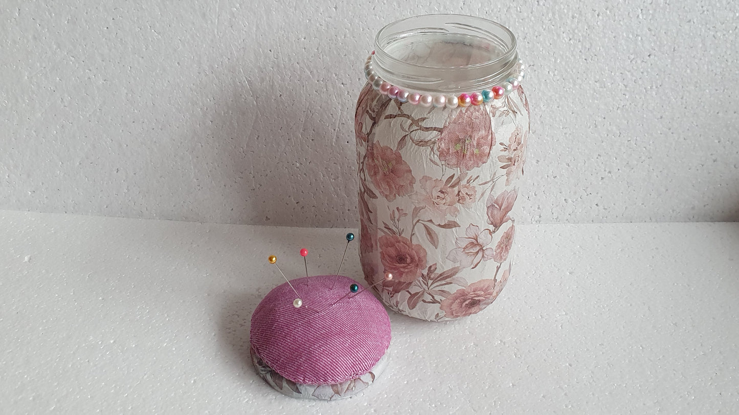 Hand Decorated Glass Pin Cushion Jar Pink White Floral Crafters Gift