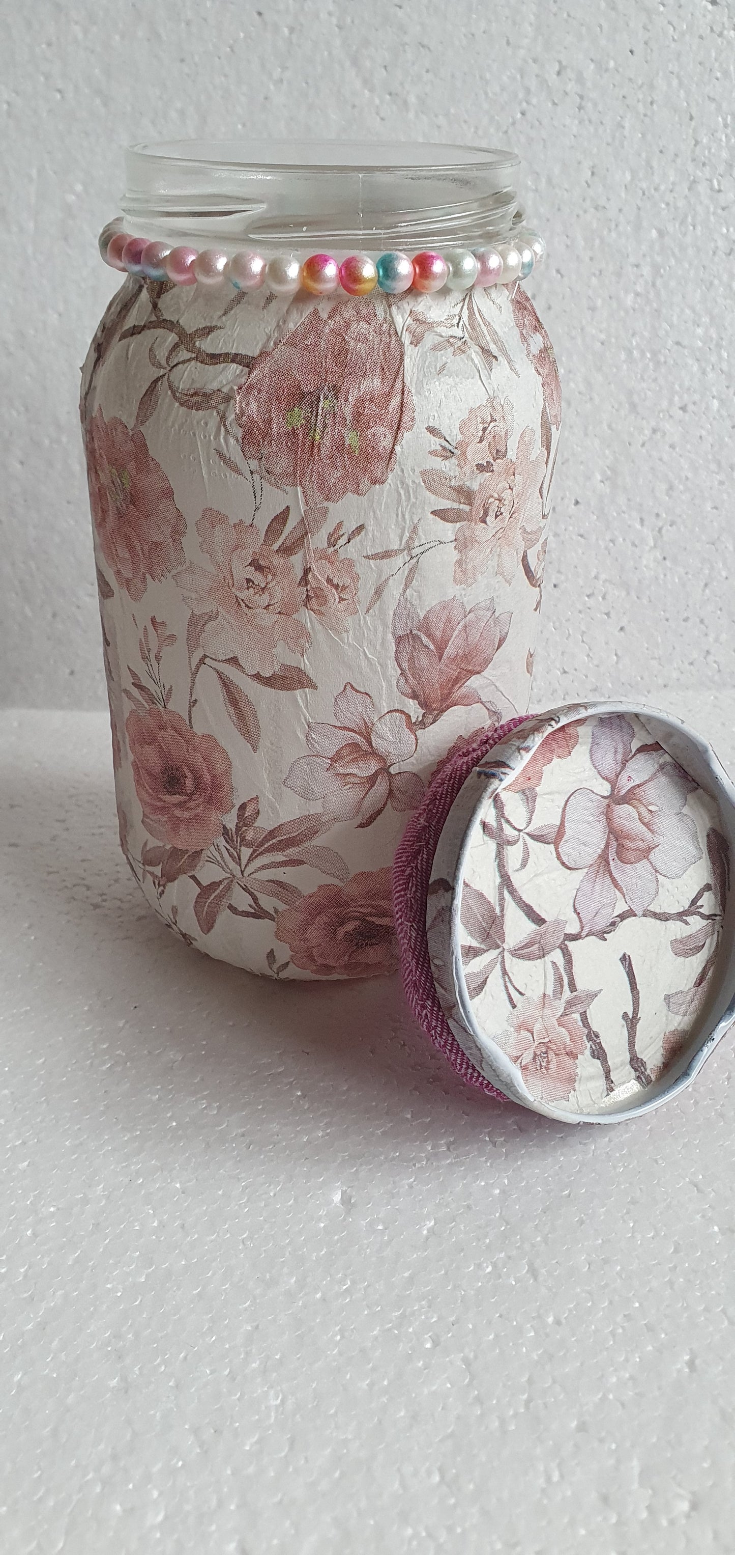 Hand Decorated Glass Pin Cushion Jar Pink White Floral Crafters Gift