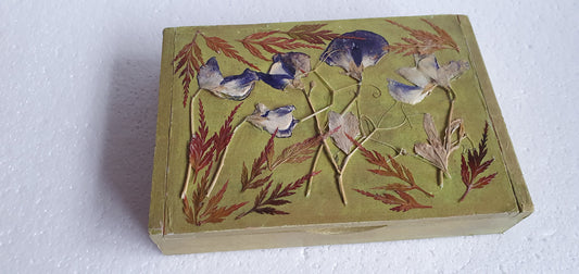 Medium Rectangular Trinket Box Pressed Sweetpea Flowers Leaves Gold Hand Decorated Decor Gift
