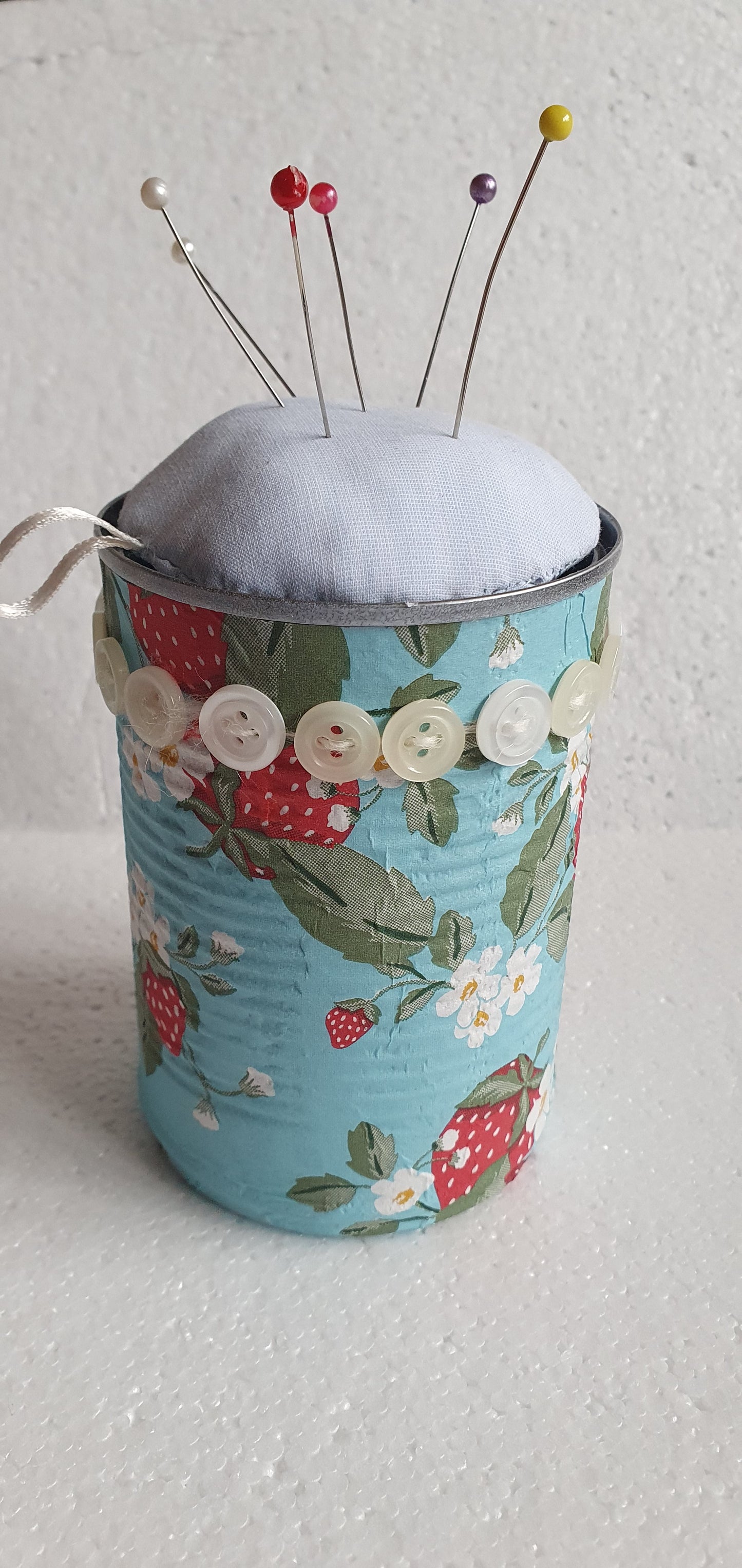 Hand Decorated Tin Can Pin Cushion Storage Pink Blue White Strawberries Buttons Crafters Gift