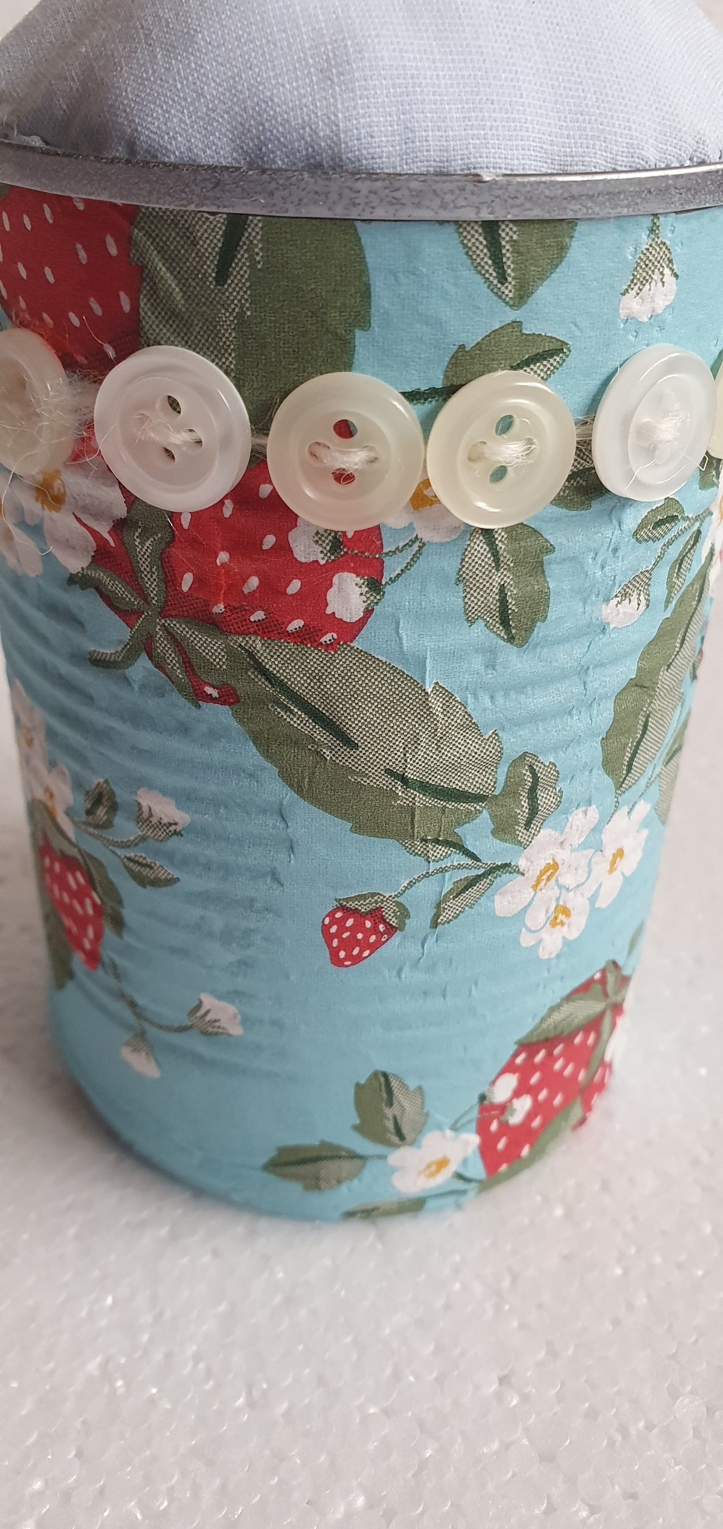 Hand Decorated Tin Can Pin Cushion Storage Pink Blue White Strawberries Buttons Crafters Gift