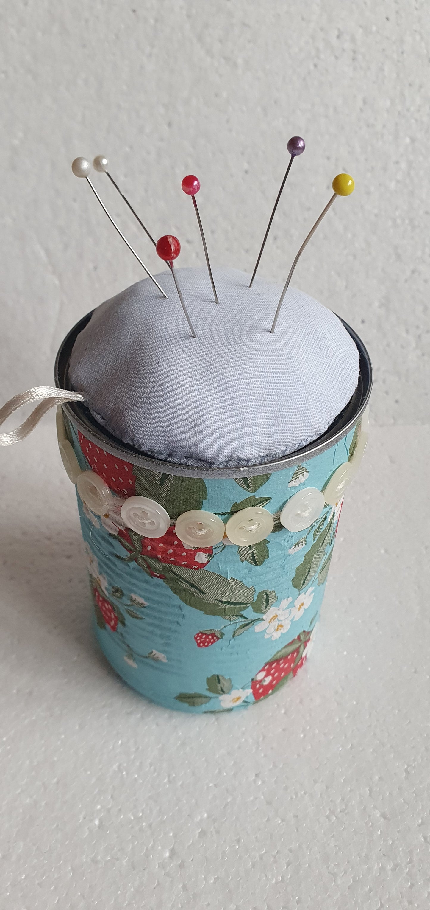 Hand Decorated Tin Can Pin Cushion Storage Pink Blue White Strawberries Buttons Crafters Gift