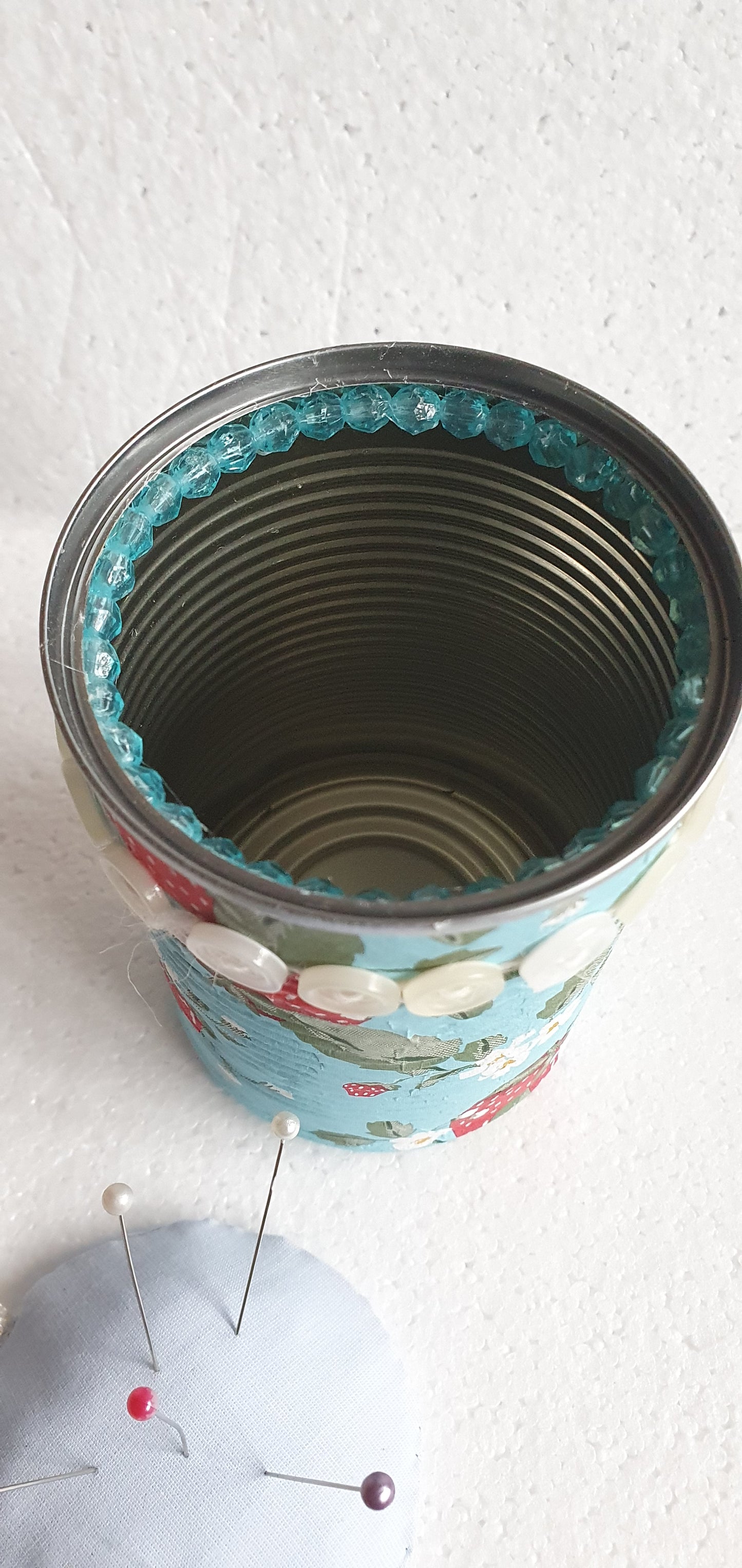 Hand Decorated Tin Can Pin Cushion Storage Pink Blue White Strawberries Buttons Crafters Gift
