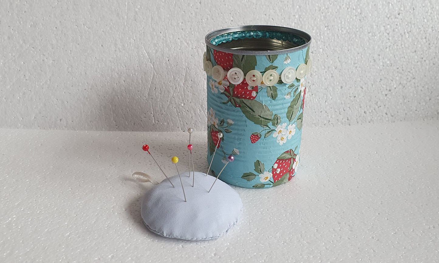 Hand Decorated Tin Can Pin Cushion Storage Pink Blue White Strawberries Buttons Crafters Gift