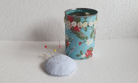 Hand Decorated Tin Can Pin Cushion Storage Pink Blue White Strawberries Buttons Crafters Gift