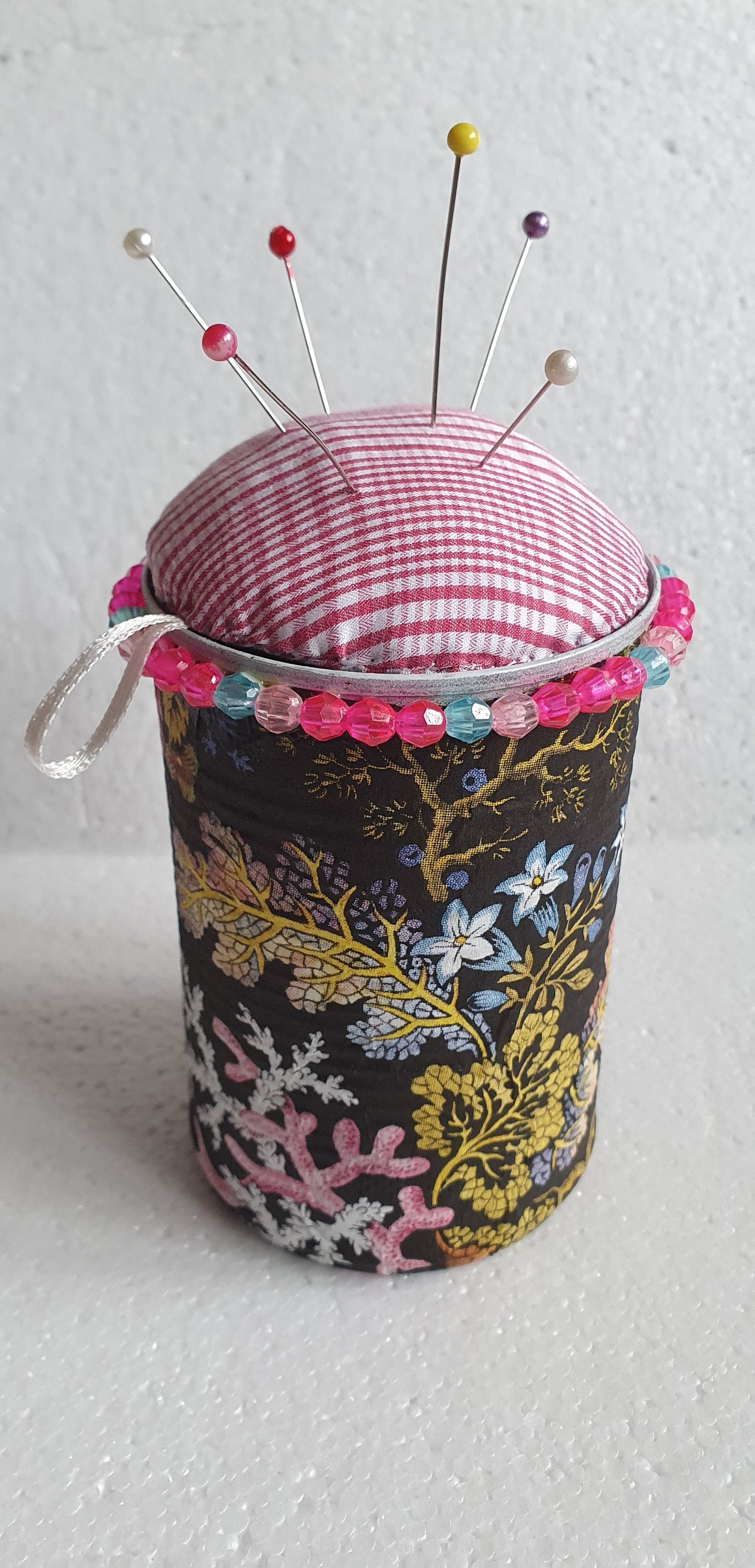 Hand Decorated Tin Can Pin Cushion Storage Black Floral Marine Buttons Crafters Gift