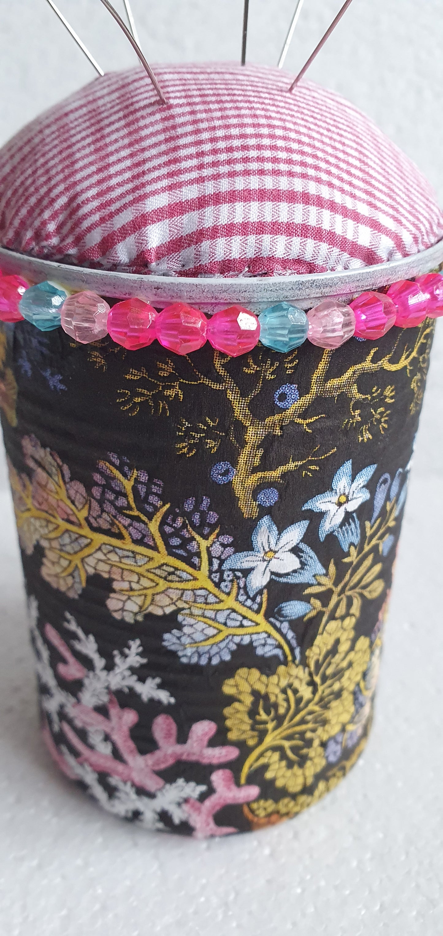 Hand Decorated Tin Can Pin Cushion Storage Black Floral Marine Buttons Crafters Gift