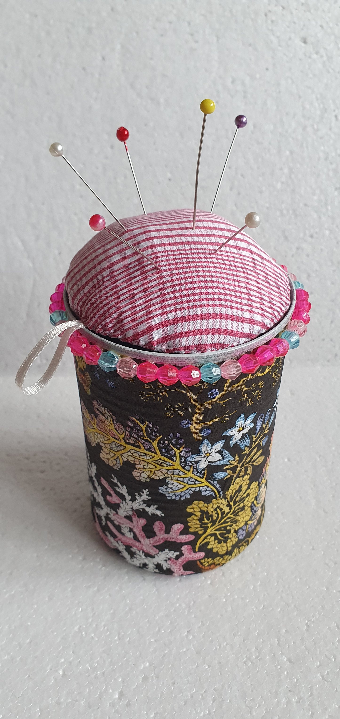 Hand Decorated Tin Can Pin Cushion Storage Black Floral Marine Buttons Crafters Gift