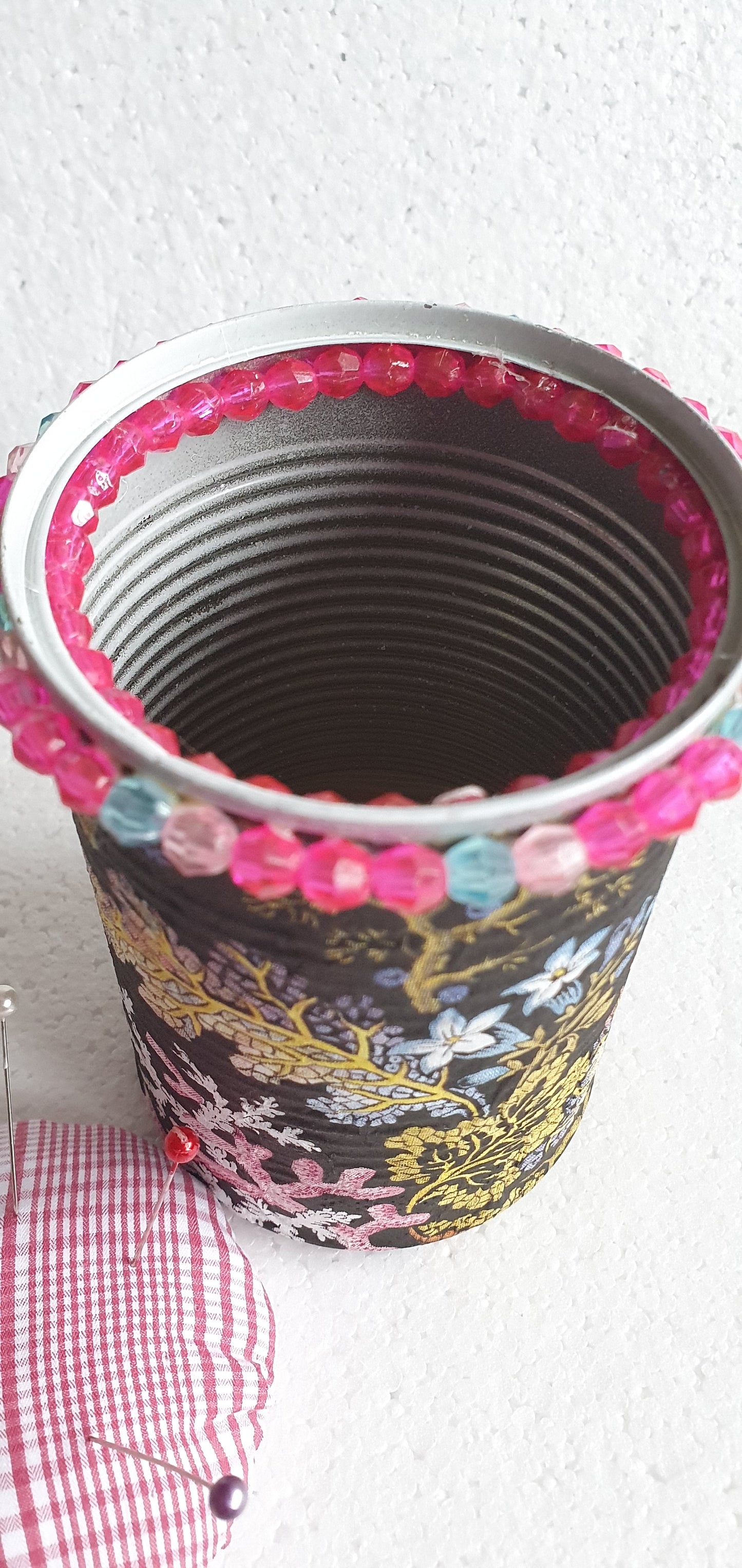 Hand Decorated Tin Can Pin Cushion Storage Black Floral Marine Buttons Crafters Gift