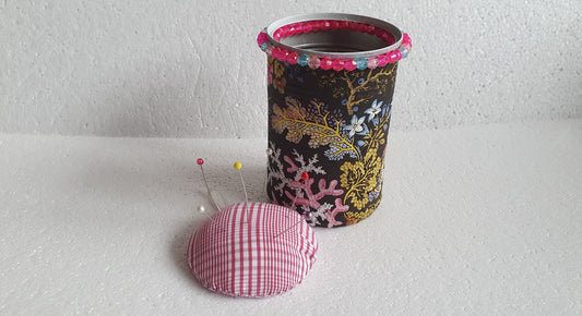 Hand Decorated Tin Can Pin Cushion Storage Black Floral Marine Buttons Crafters Gift