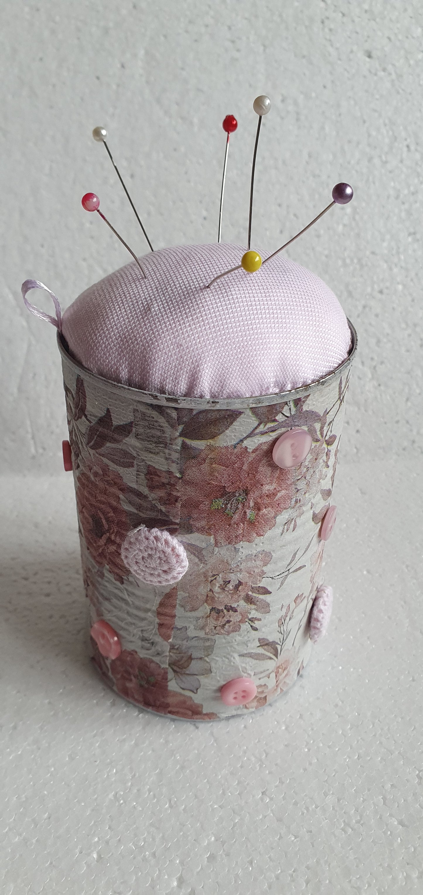Hand Decorated Tin Can Pin Cushion Storage Pink White Floral Buttons Crafters Gift