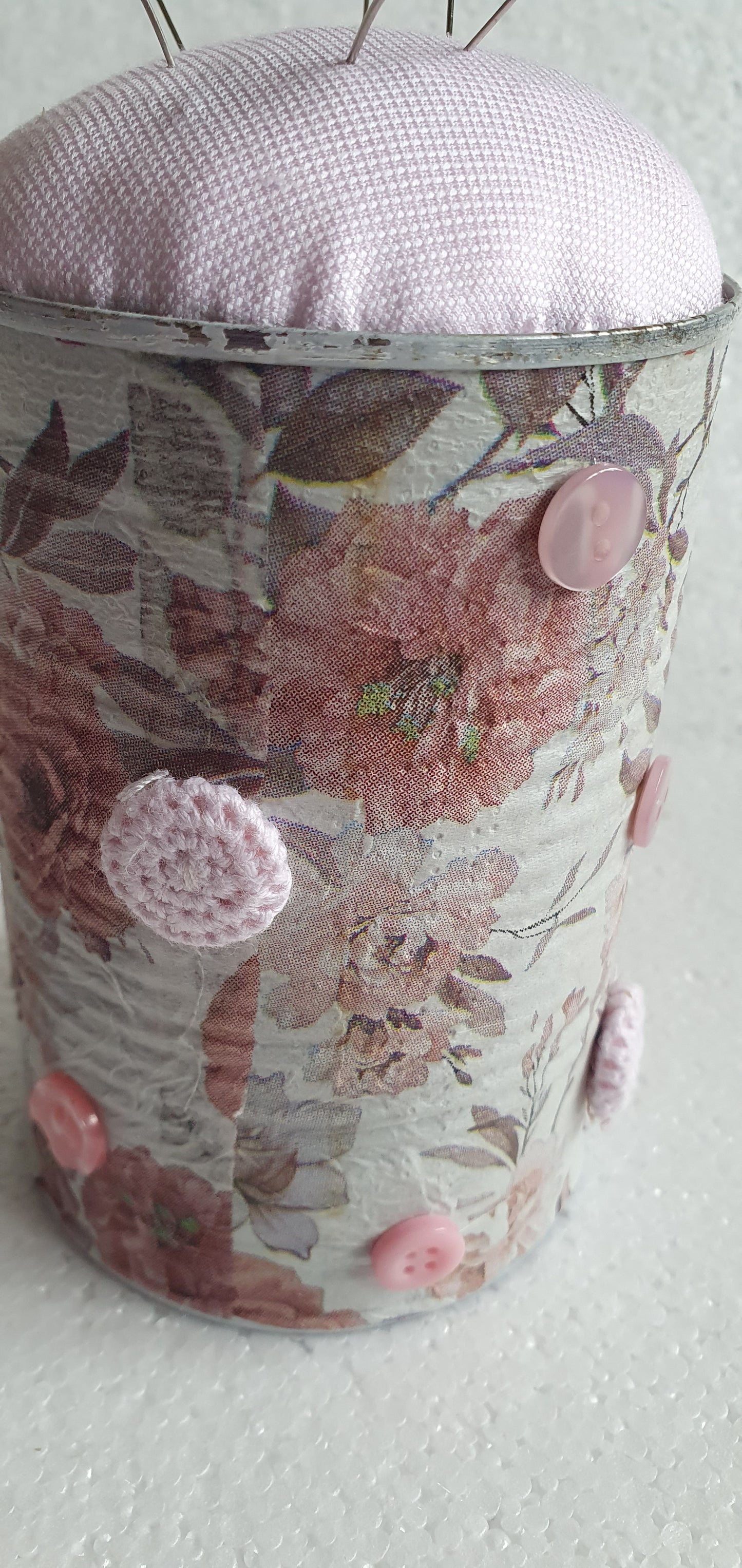 Hand Decorated Tin Can Pin Cushion Storage Pink White Floral Buttons Crafters Gift
