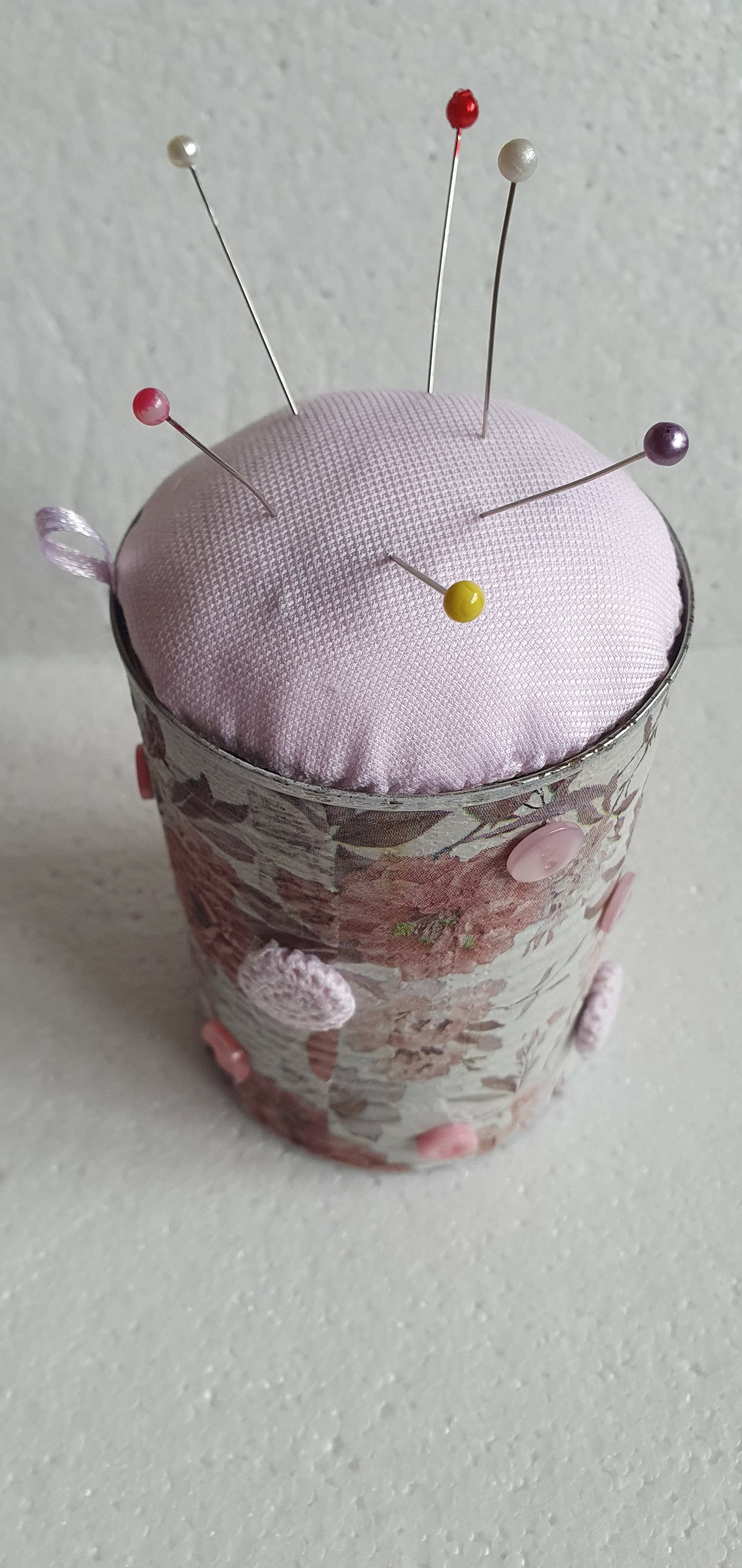 Hand Decorated Tin Can Pin Cushion Storage Pink White Floral Buttons Crafters Gift