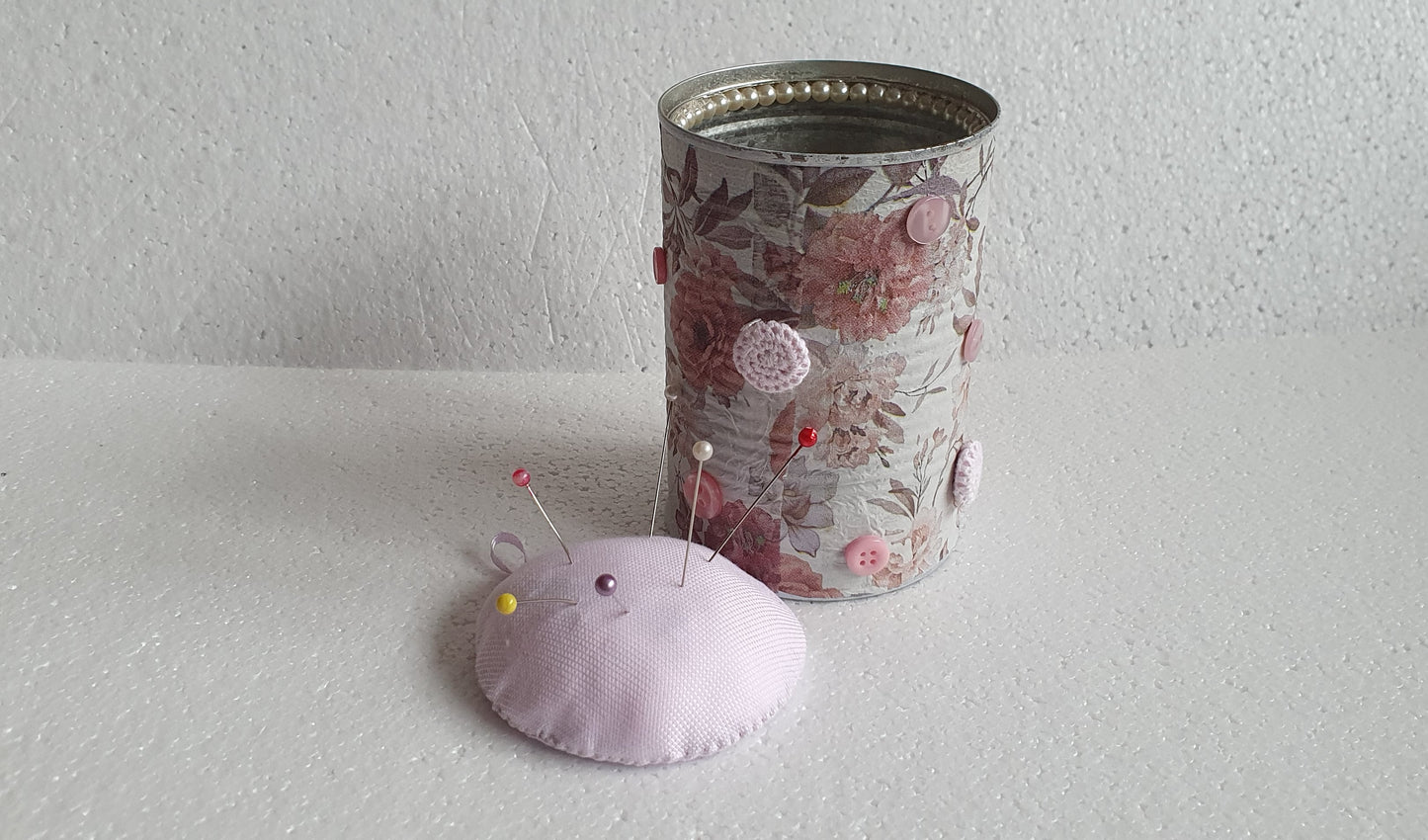 Hand Decorated Tin Can Pin Cushion Storage Pink White Floral Buttons Crafters Gift