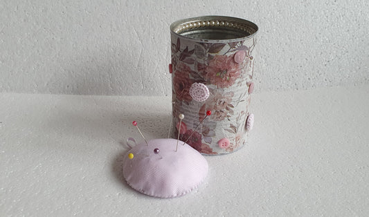 Hand Decorated Tin Can Pin Cushion Storage Pink White Floral Buttons Crafters Gift