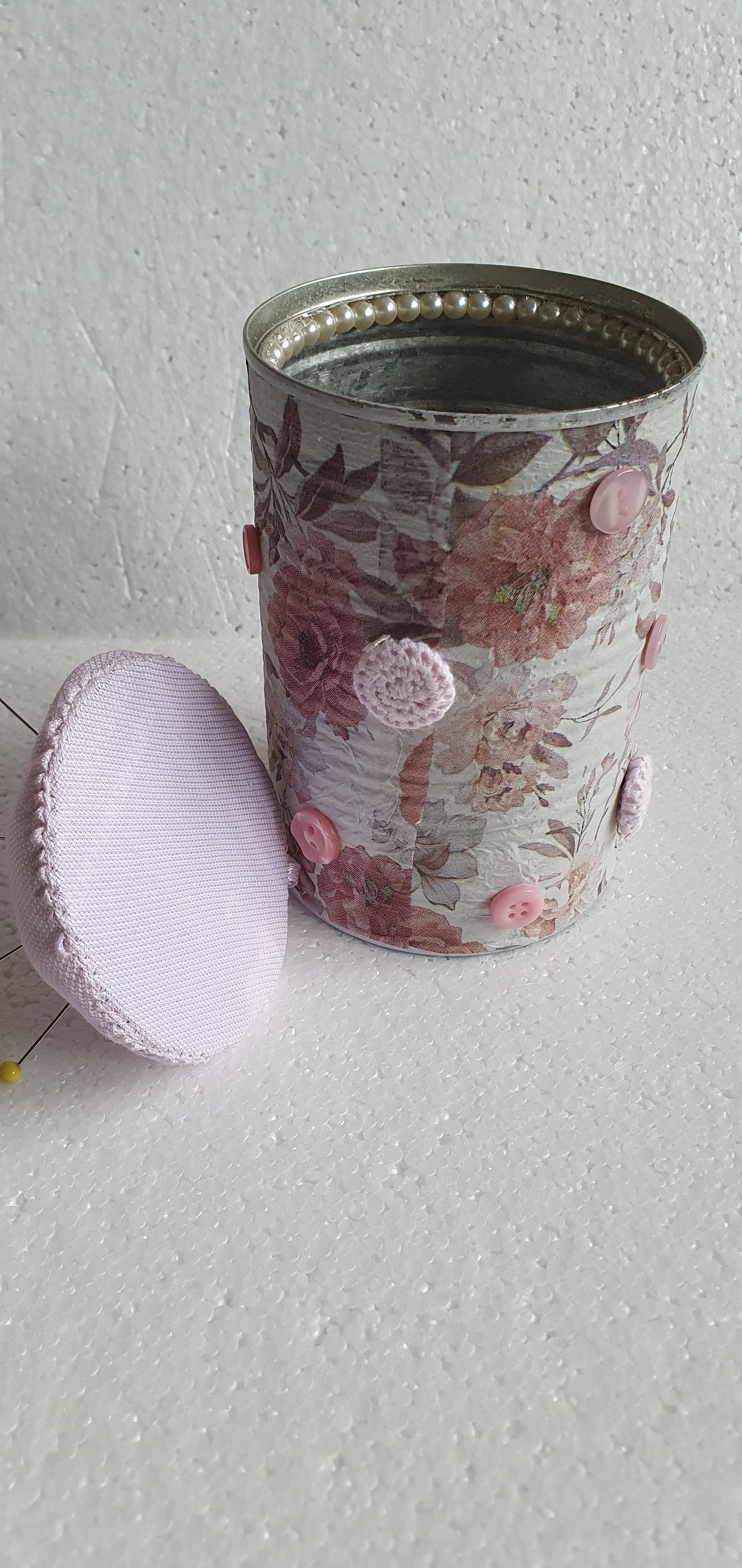 Hand Decorated Tin Can Pin Cushion Storage Pink White Floral Buttons Crafters Gift