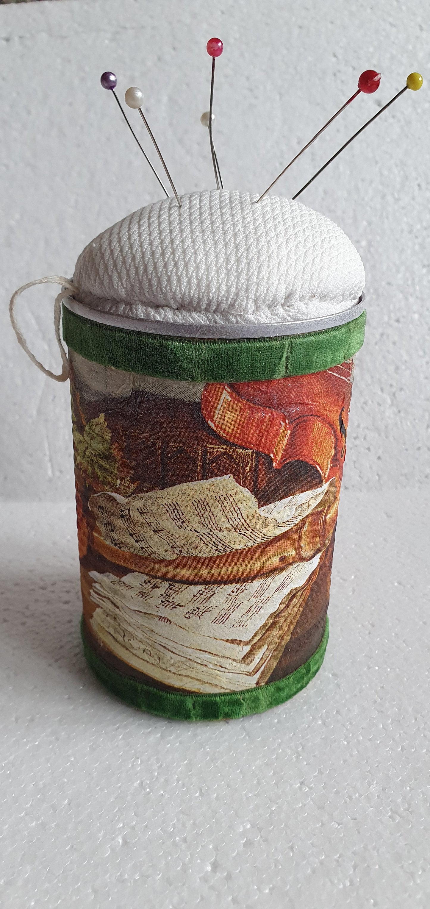 Hand Decorated Tin Can Pin Cushion Storage Brown Green Violin Fruit Autumn Crafters Gift