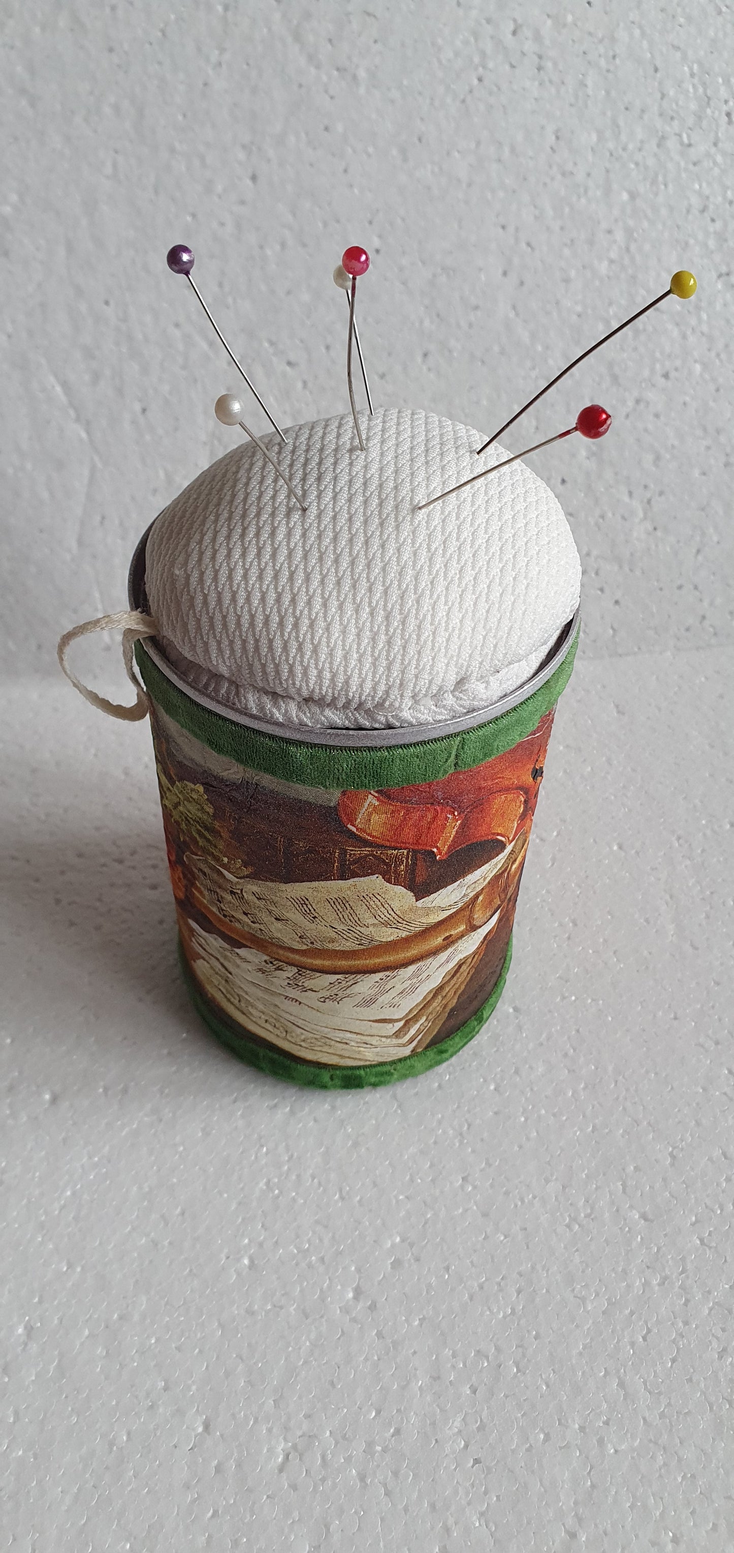 Hand Decorated Tin Can Pin Cushion Storage Brown Green Violin Fruit Autumn Crafters Gift