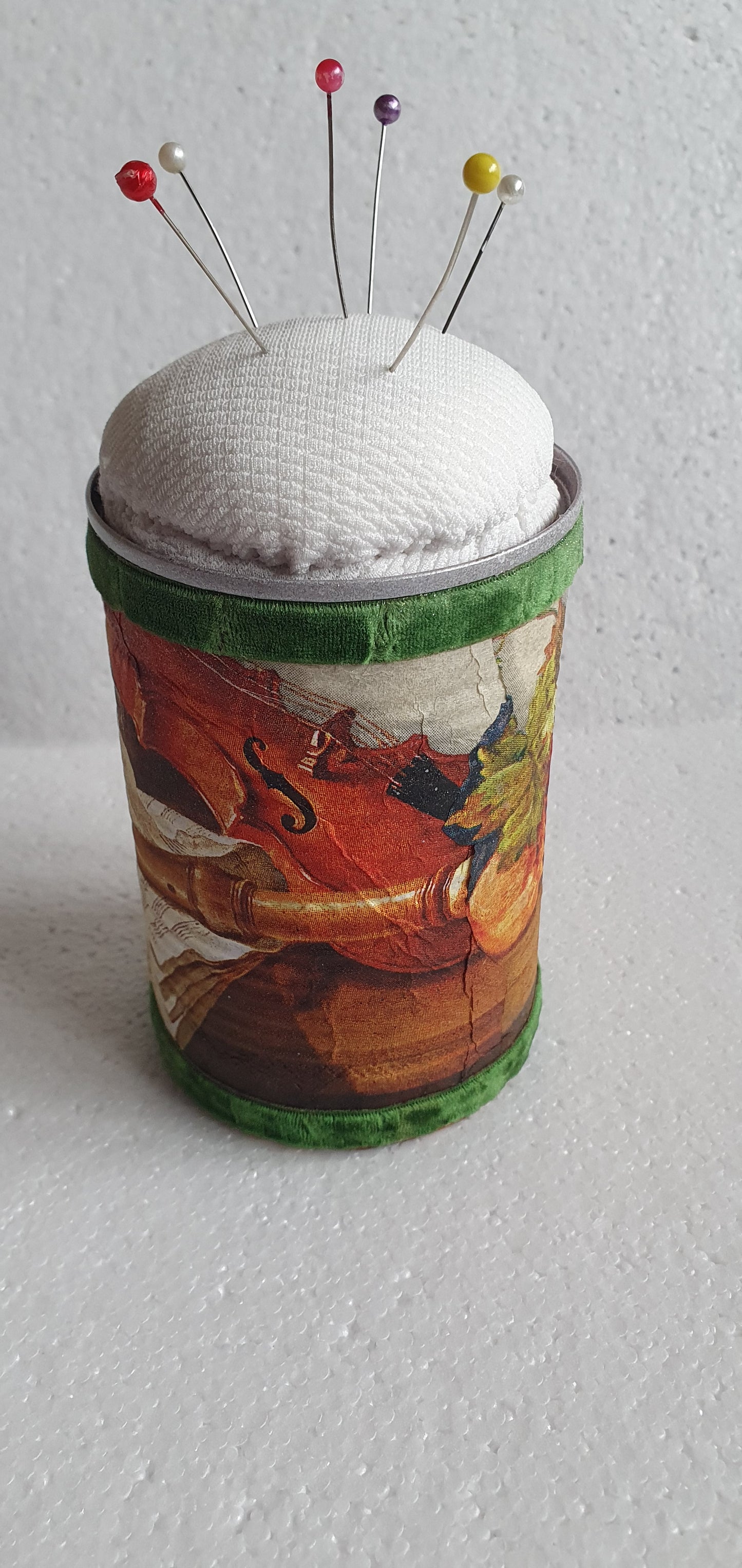 Hand Decorated Tin Can Pin Cushion Storage Brown Green Violin Fruit Autumn Crafters Gift