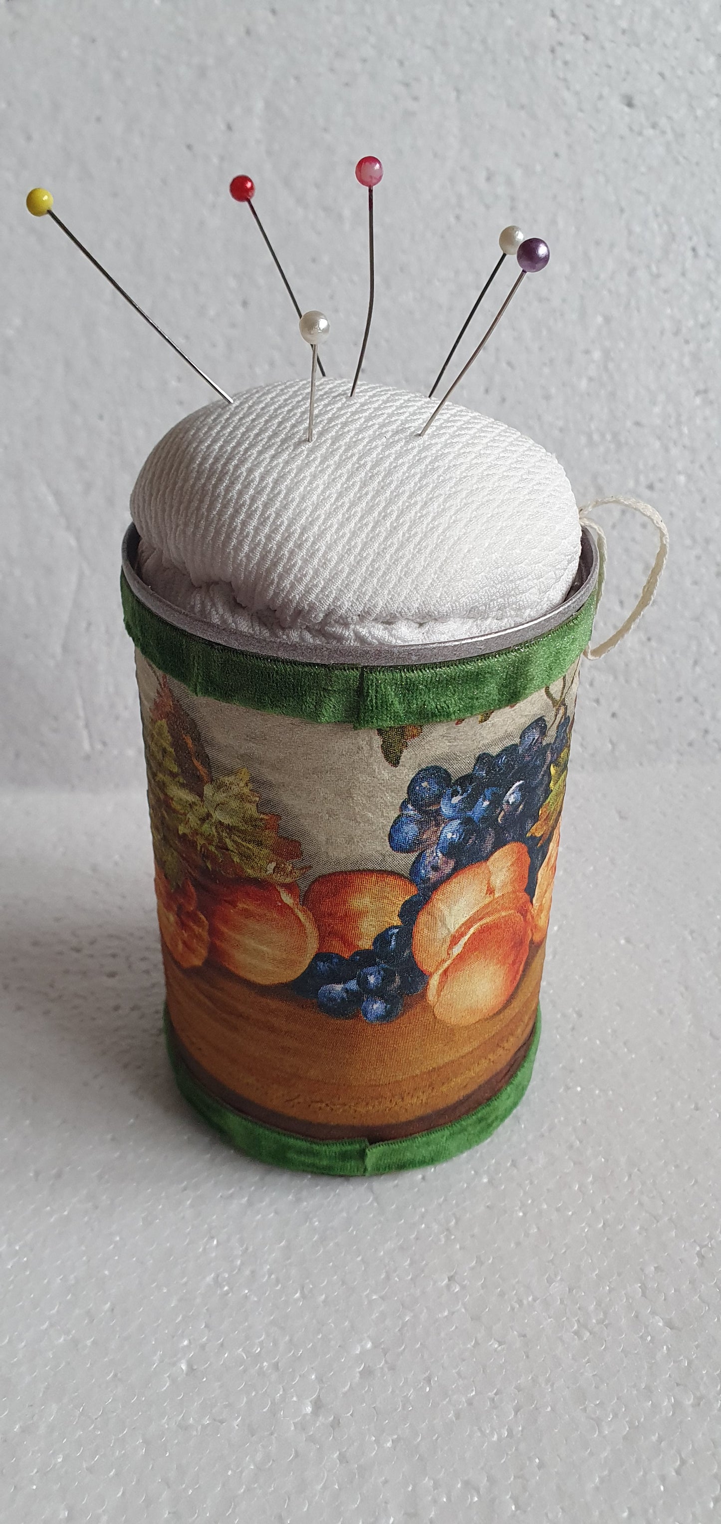 Hand Decorated Tin Can Pin Cushion Storage Brown Green Violin Fruit Autumn Crafters Gift