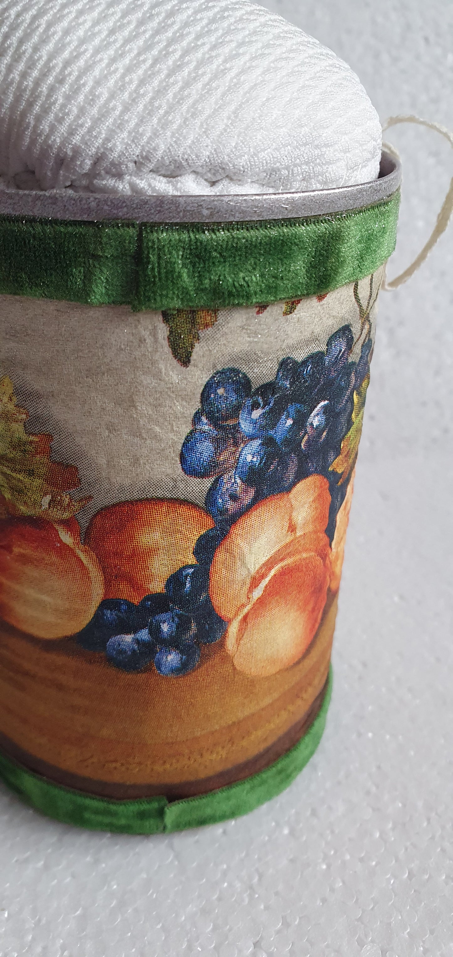 Hand Decorated Tin Can Pin Cushion Storage Brown Green Violin Fruit Autumn Crafters Gift