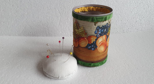 Hand Decorated Tin Can Pin Cushion Storage Brown Green Violin Fruit Autumn Crafters Gift