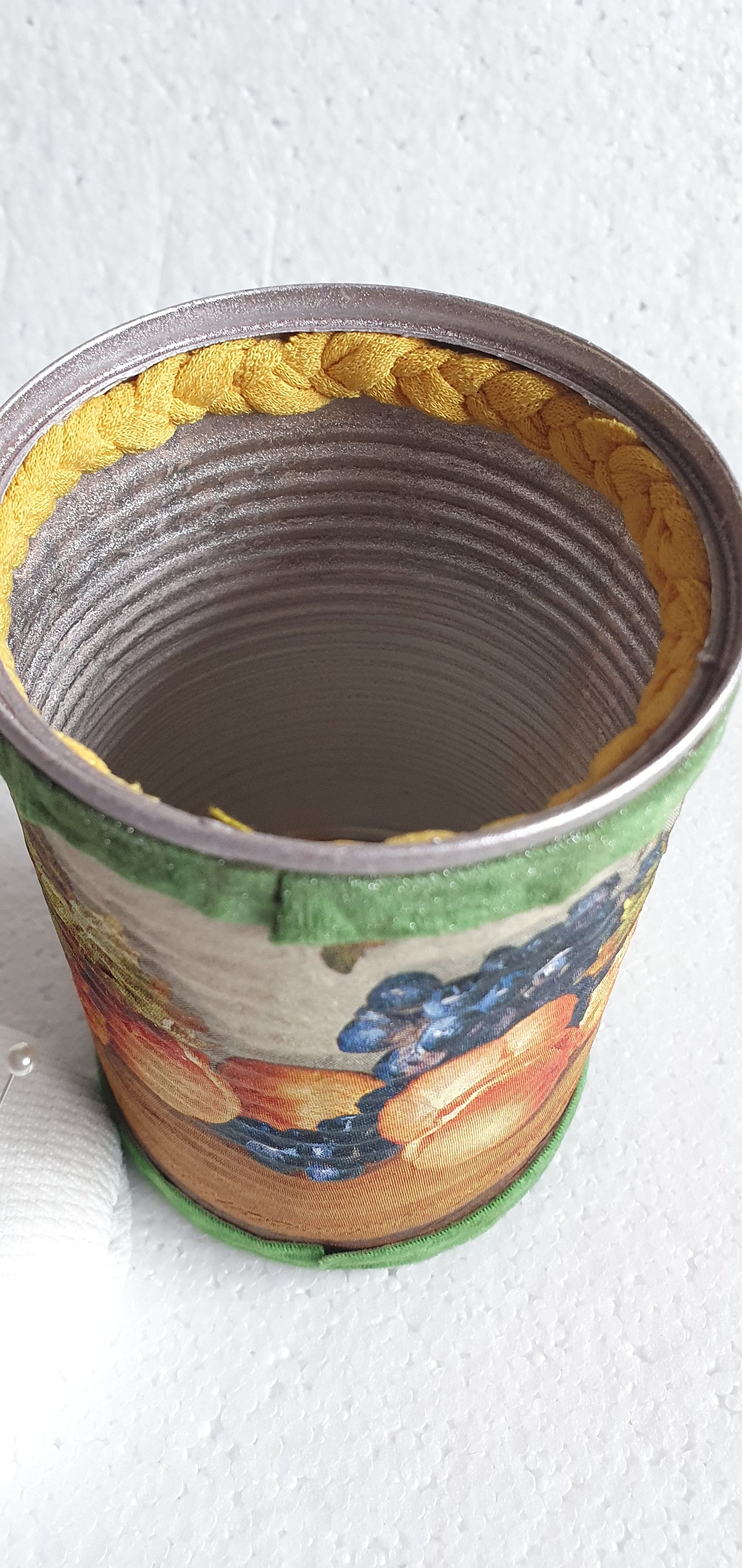 Hand Decorated Tin Can Pin Cushion Storage Brown Green Violin Fruit Autumn Crafters Gift