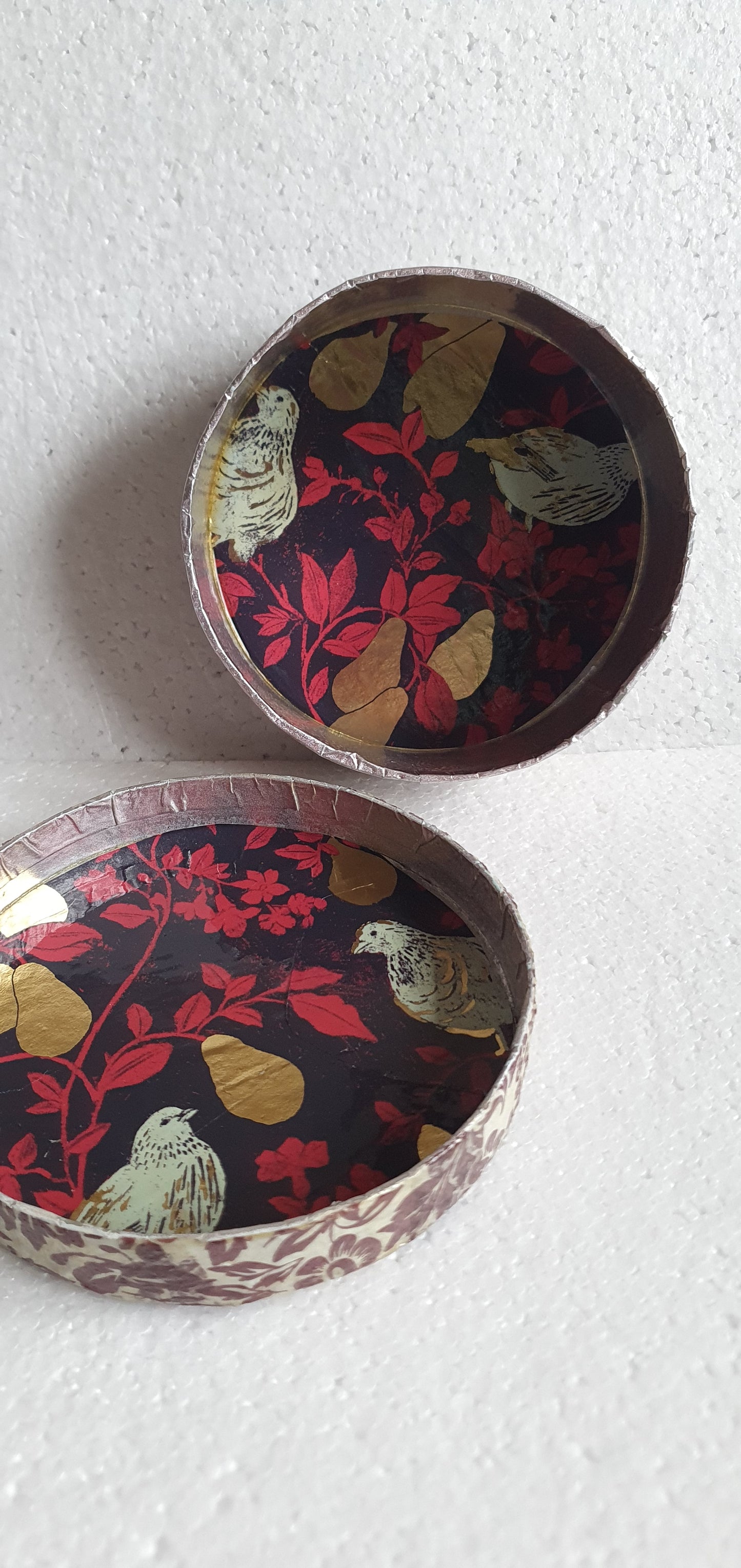 Round Purple Pink Gold Pears Partridges Trinket Box Hand Decorated Decor Gift