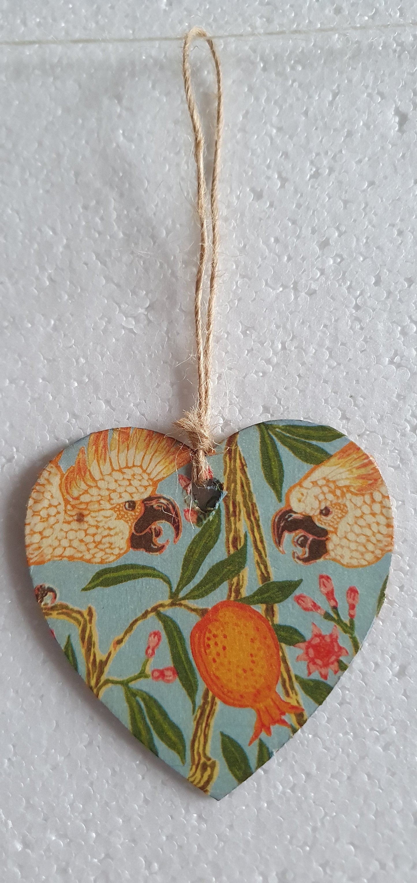 Decoupage Small Heart Burgundy Cockatoo Birds Blue Orange Window Hanging Home Decor Gift