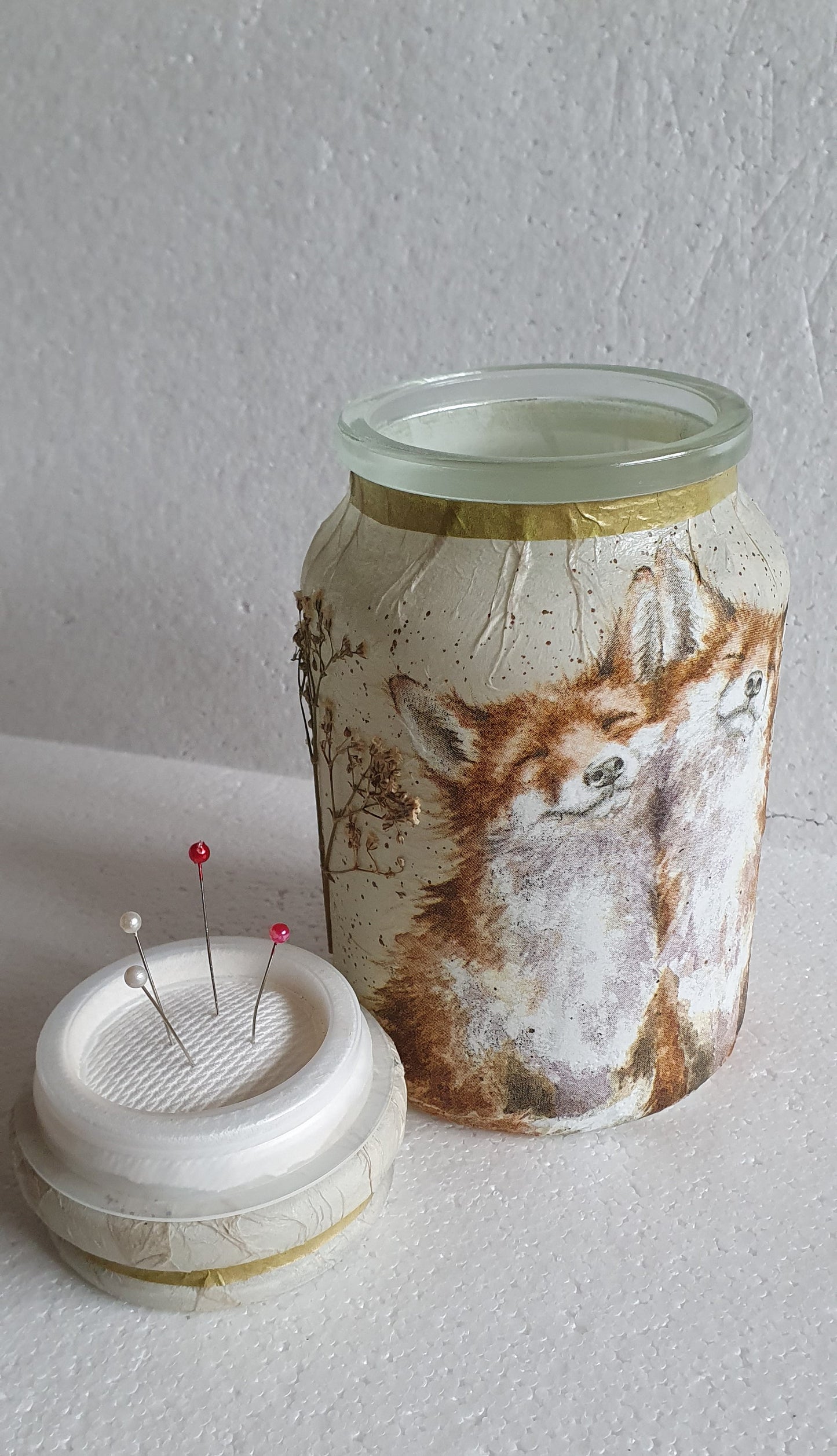 Medium 'Chunky' Hand Decorated Glass Pin Cushion Jar Foxes Crafters Gift