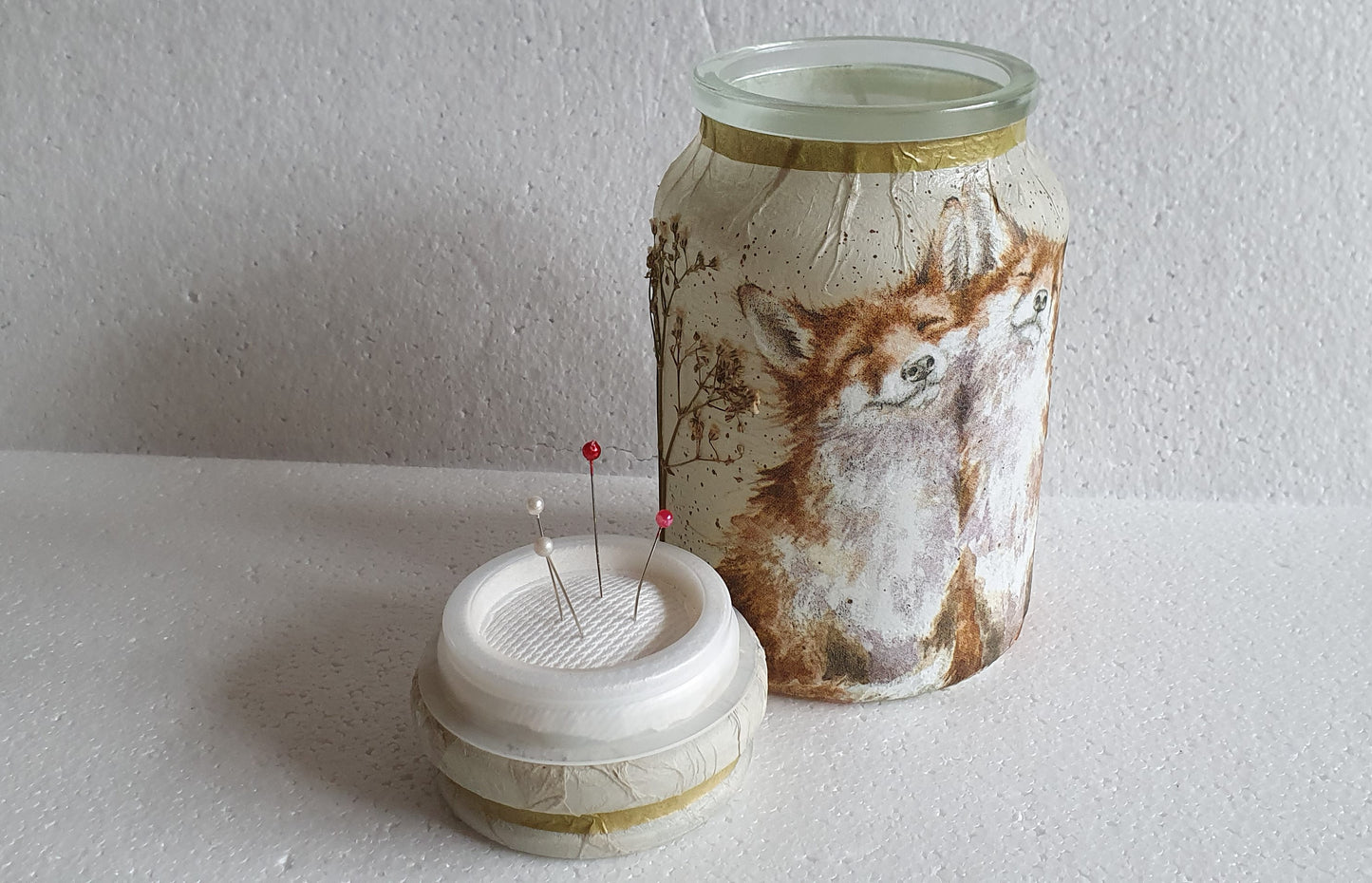 Medium 'Chunky' Hand Decorated Glass Pin Cushion Jar Foxes Crafters Gift