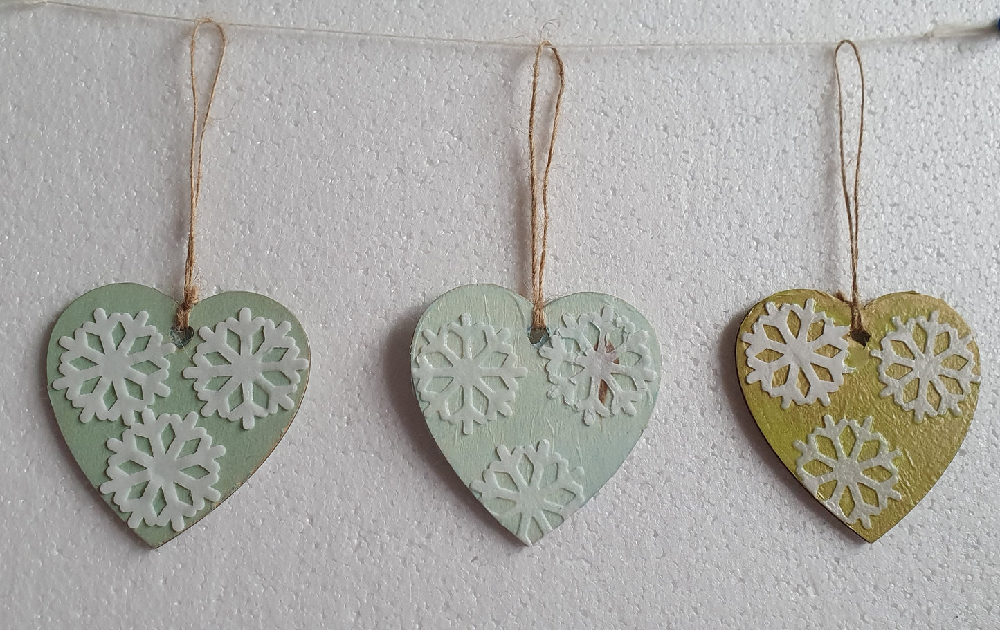 Decoupage Small Heart Set Of 3 Blue Green Gold Snowflakes Christmas Window Hanging Home Decor Gift