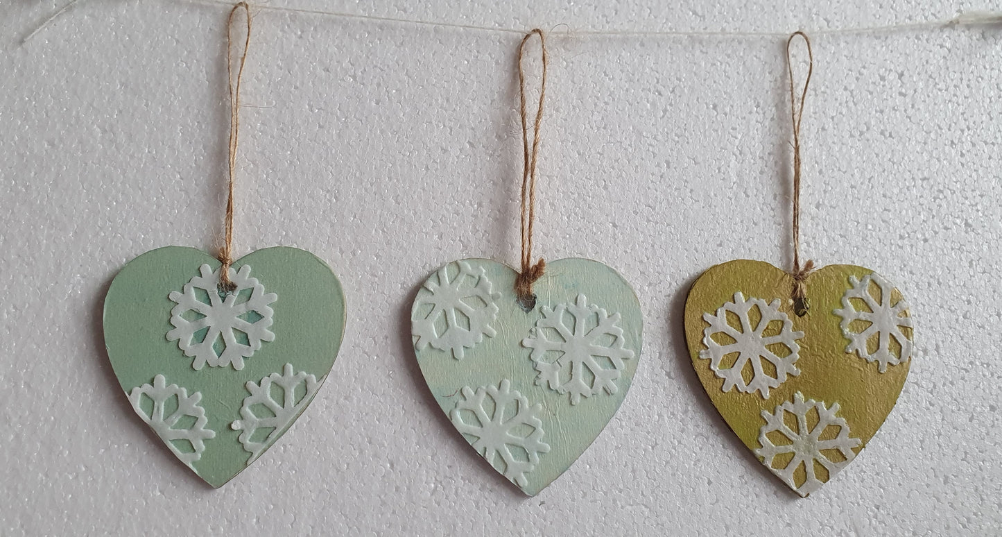 Decoupage Small Heart Set Of 3 Blue Green Gold Snowflakes Christmas Window Hanging Home Decor Gift