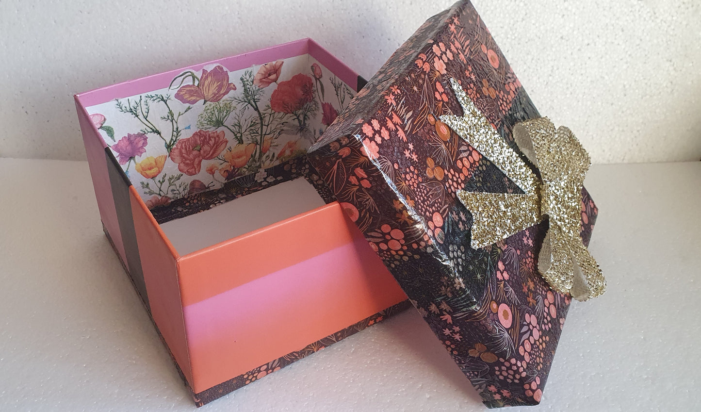 Square Floral Pink Black Orange Gold Trinket Gift Box Hand Decorated Decor Gift
