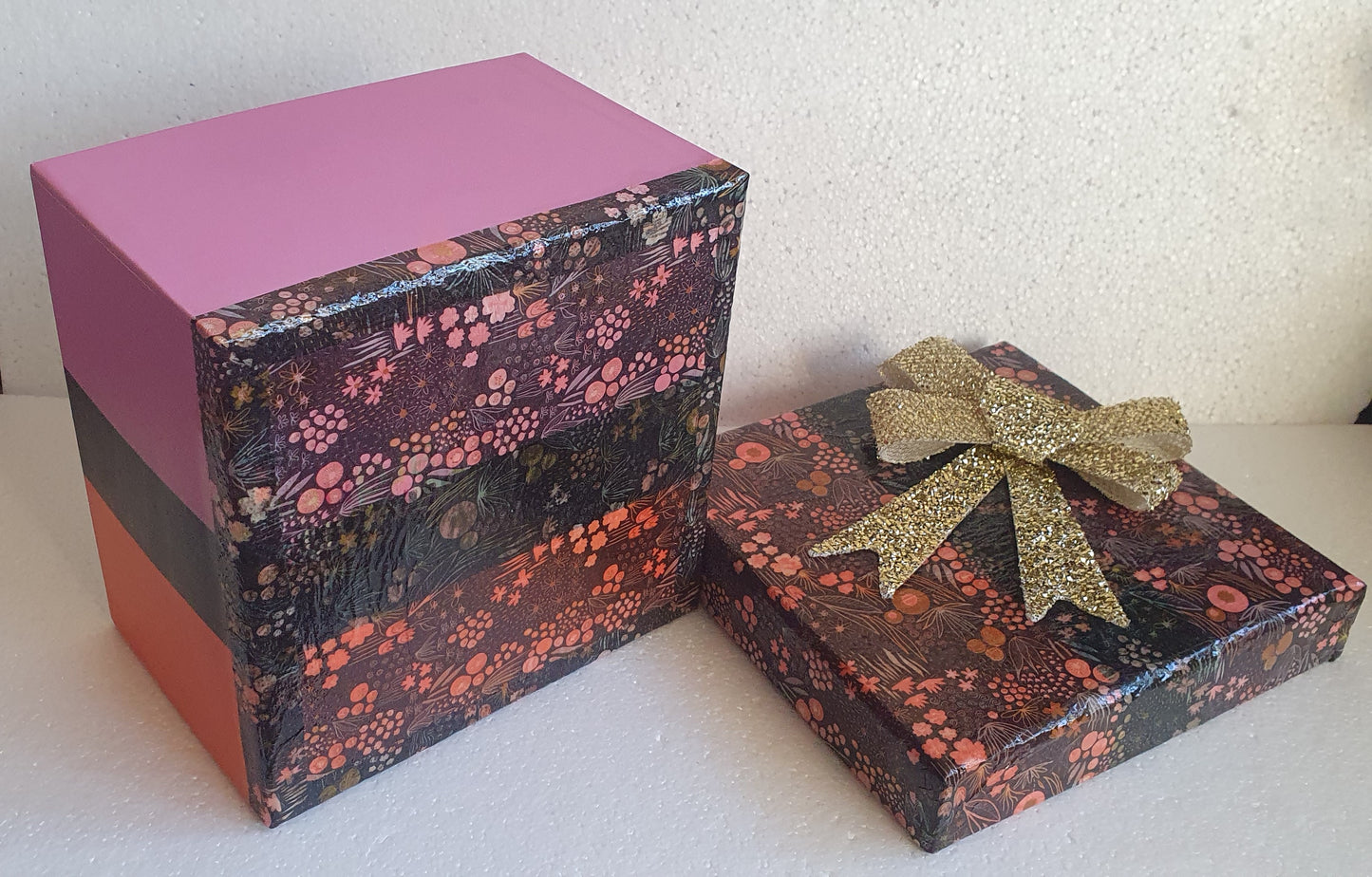 Square Floral Pink Black Orange Gold Trinket Gift Box Hand Decorated Decor Gift