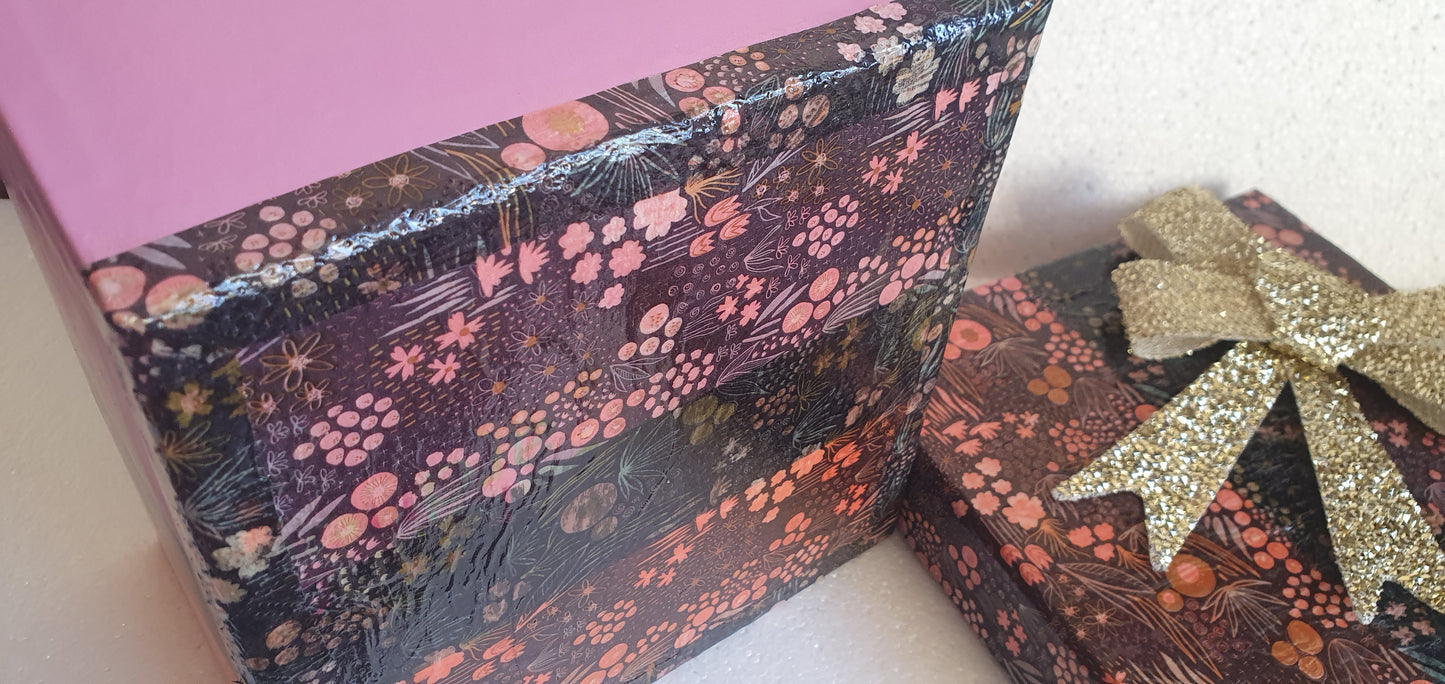 Square Floral Pink Black Orange Gold Trinket Gift Box Hand Decorated Decor Gift