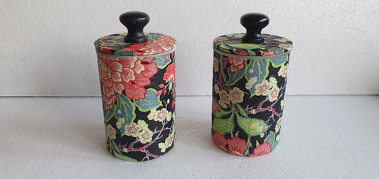 Upcycle Tin Can Storage Jars With Lids Black Red Yellow Floral Decoupage Hand Decorated Home Decor Gift