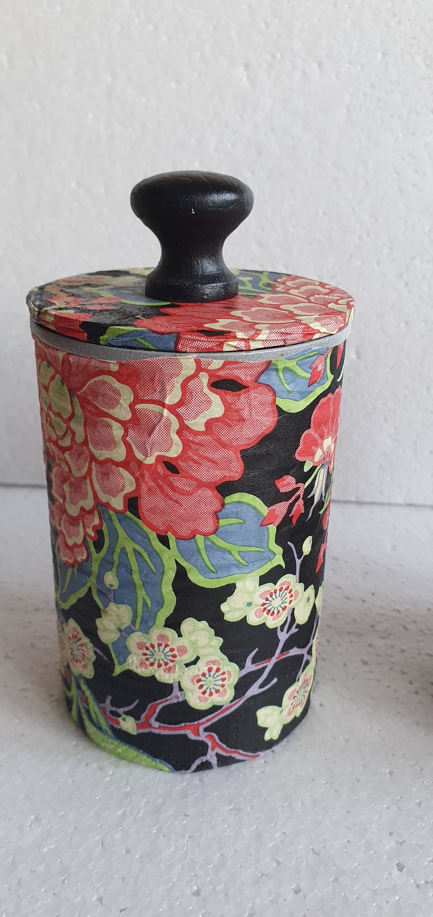 Upcycle Tin Can Storage Jars With Lids Black Red Yellow Floral Decoupage Hand Decorated Home Decor Gift