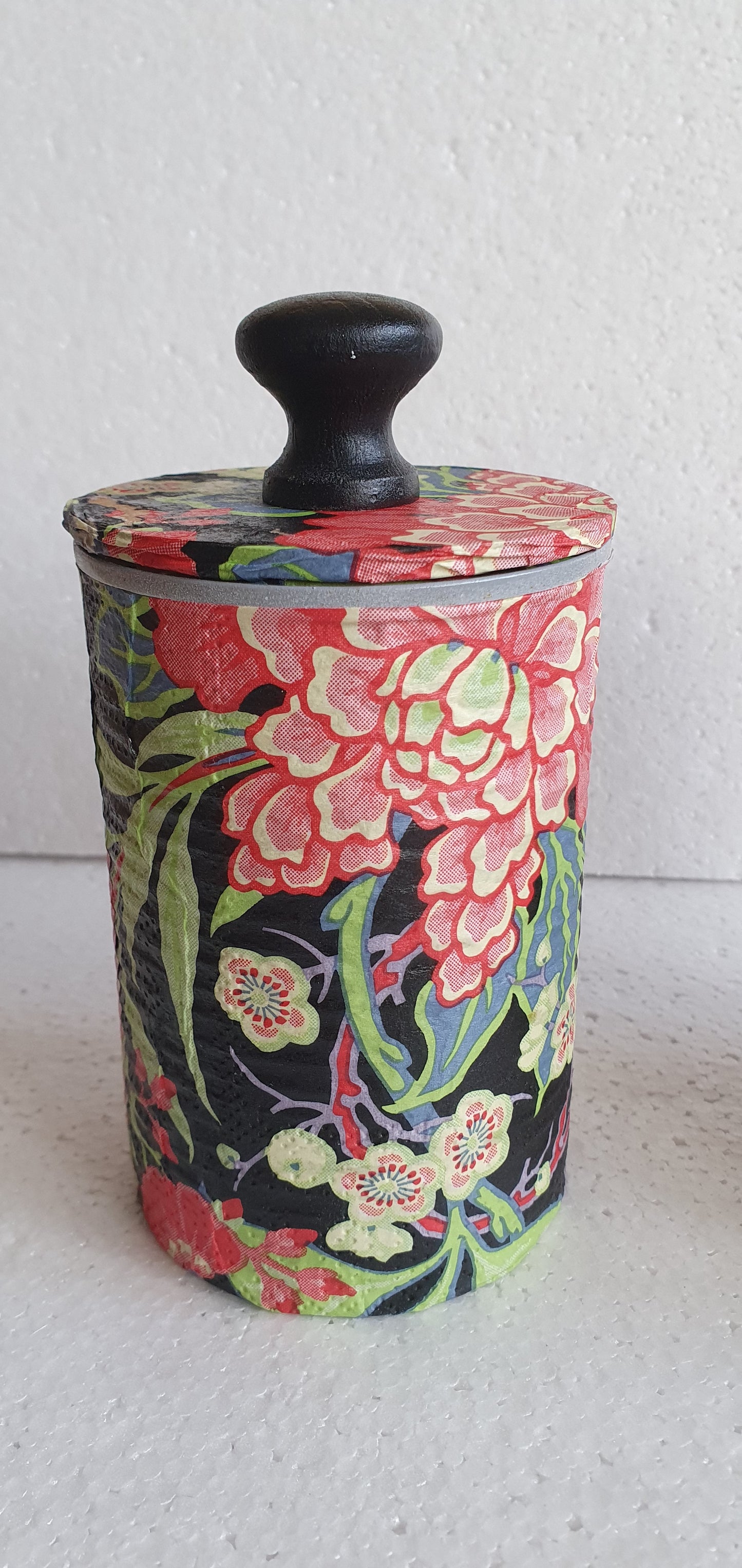 Upcycle Tin Can Storage Jars With Lids Black Red Yellow Floral Decoupage Hand Decorated Home Decor Gift